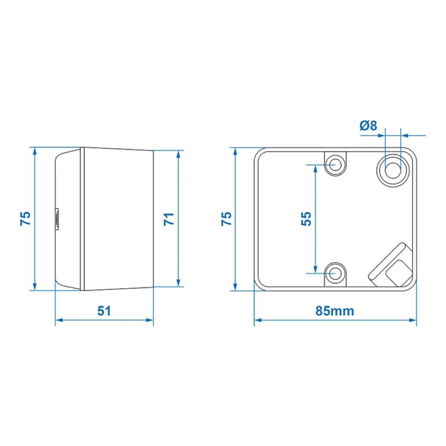Diagramm eines quadratischen Gehäuses mit Abmessungen: 75 mm Höhe, 51 mm Tiefe, 85 mm Breite. Anmerkungen zeigen interne Abstände und Öffnungen.