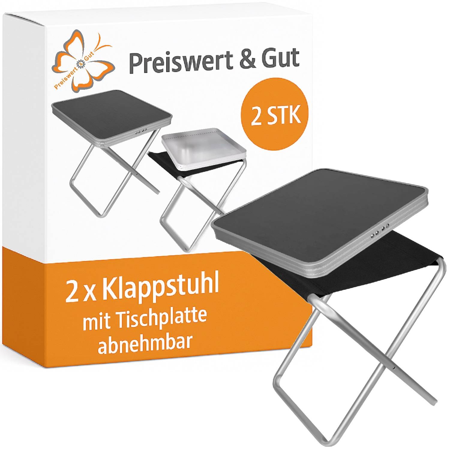 Klappbarer Stuhl mit abnehmbarer Tischplatte, der vor Verpackung präsentiert wird. Text lautet: ‚Preiswert & Gut, 2 Stück, 2 x Klappbarer Stuhl mit abnehmbarer Tischplatte.