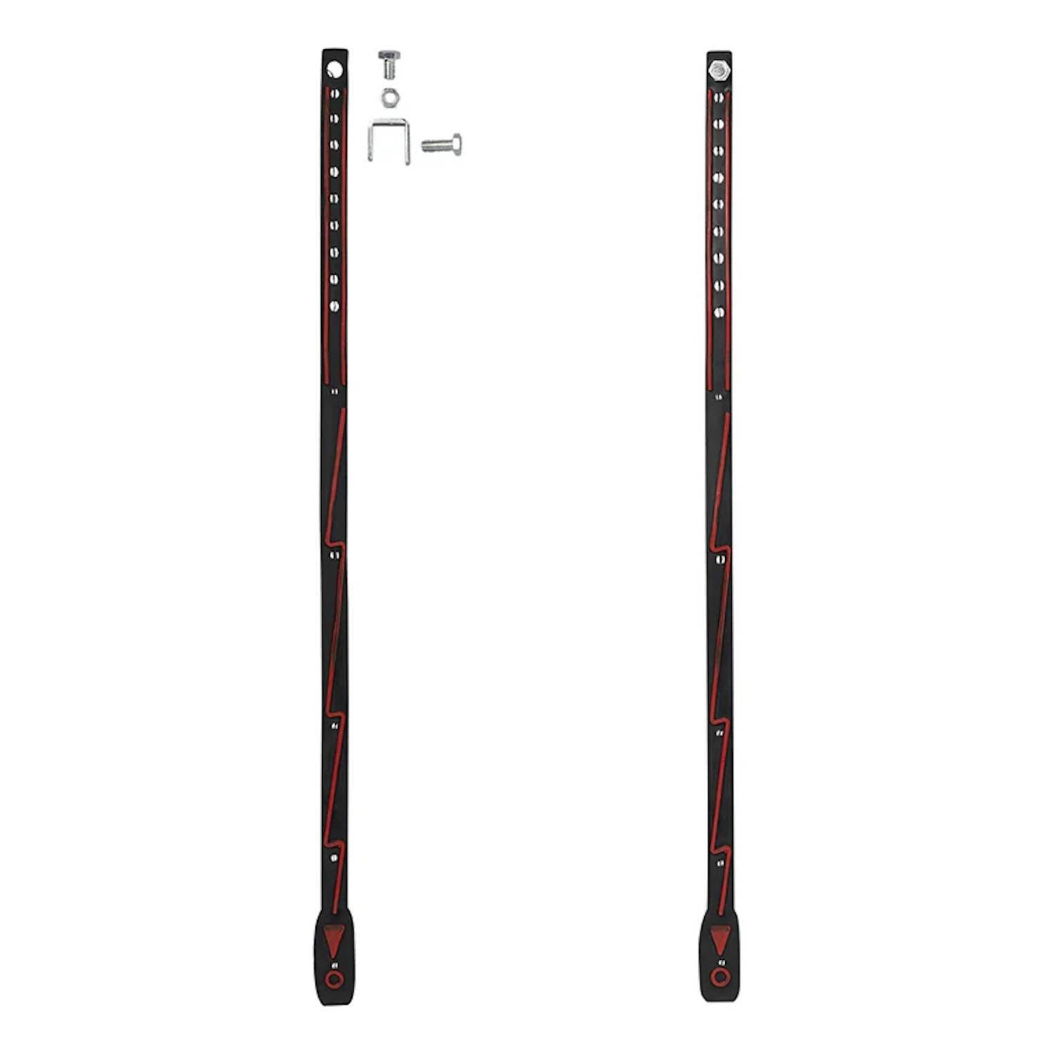 Zwei schwarze und rote Metallschienen mit Befestigungslöchern, versehen mit Schrauben und Halterungen zur Montage.