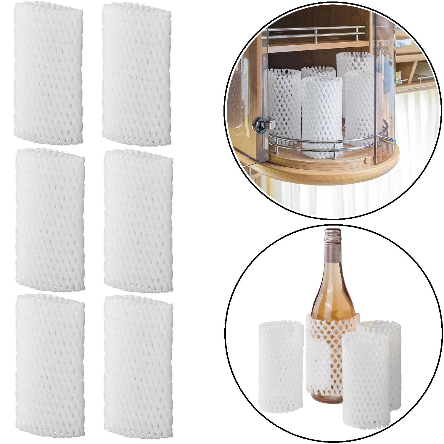 Sechs weiße, strukturierte Flaschenhüllen werden gezeigt. Nebenstehende Kreise veranschaulichen deren Verwendung auf Flaschen und demonstrieren Griffigkeit und Polsterung bei der Lagerung.