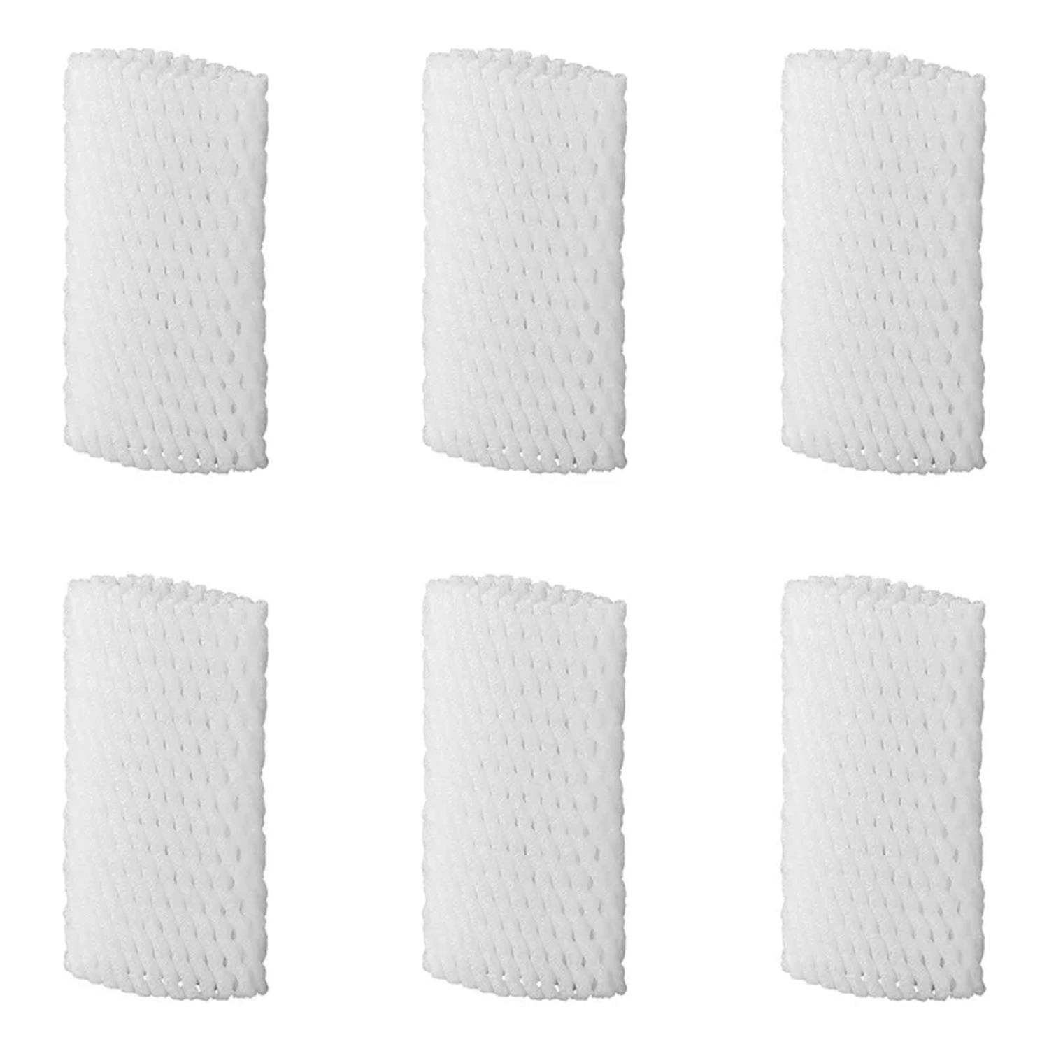 Sechs weiße Schwammpolster aus Netzstoff, in zwei Reihen angeordnet.