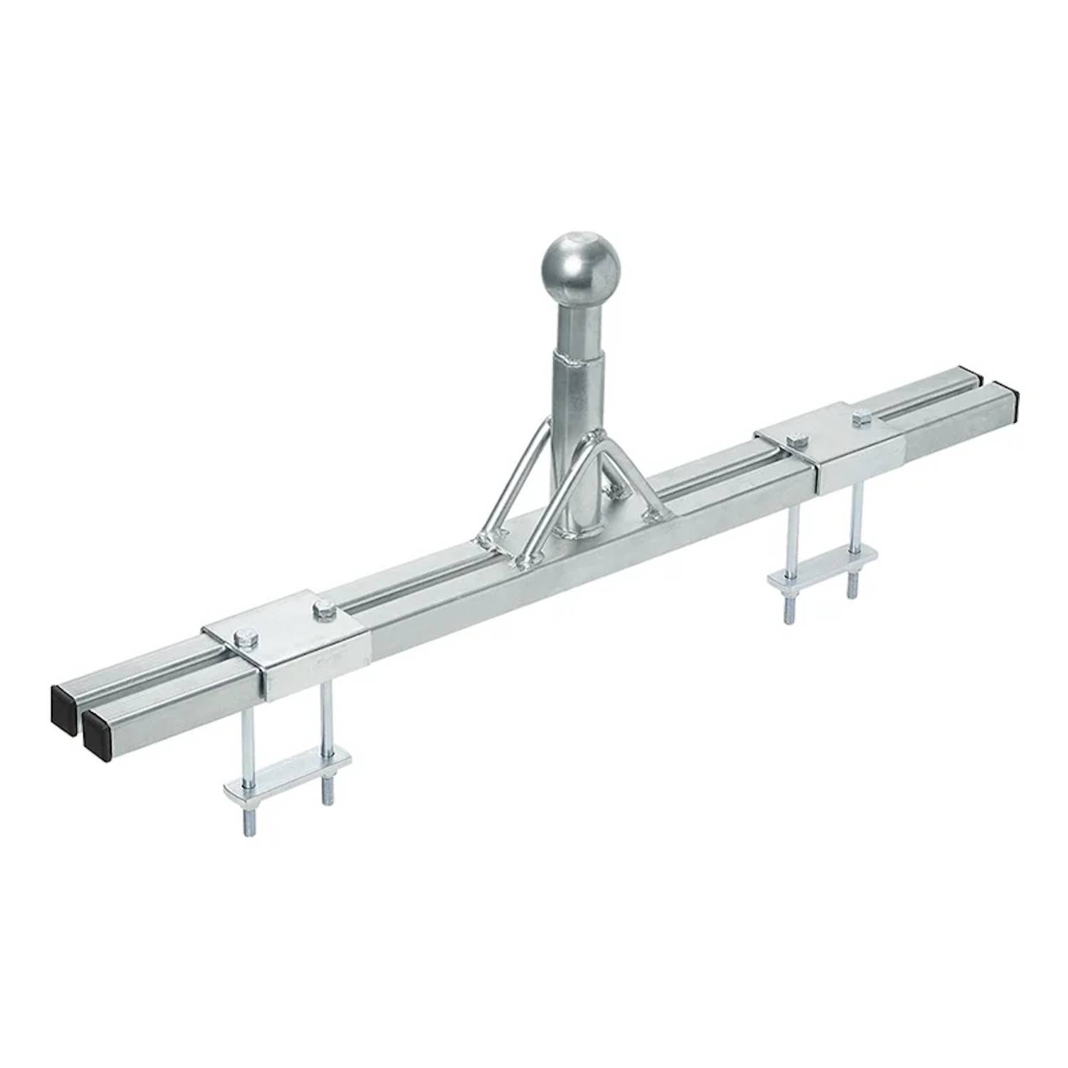 Ein Metall-Anhängerkupplung-Stabilisator mit Kugelkopfaufnahme, der zur Befestigung an Fahrzeugen konzipiert ist und mit verstellbaren Seitenstreben und Schraubklemmen ausgestattet ist.