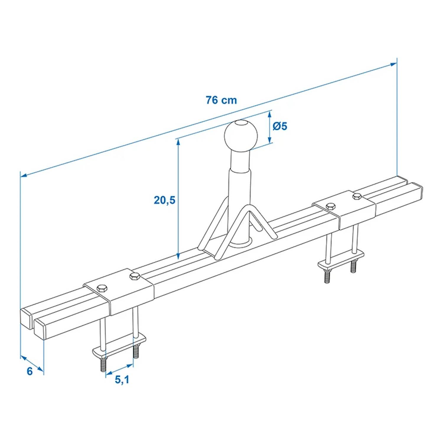 Technische Zeichnung einer Anhängerkupplung mit Kugelkopf. Abmessungen: Länge 76 cm, Höhe 20,5 cm, Kugeldurchmesser 5 cm, Stabbreite 6 cm.