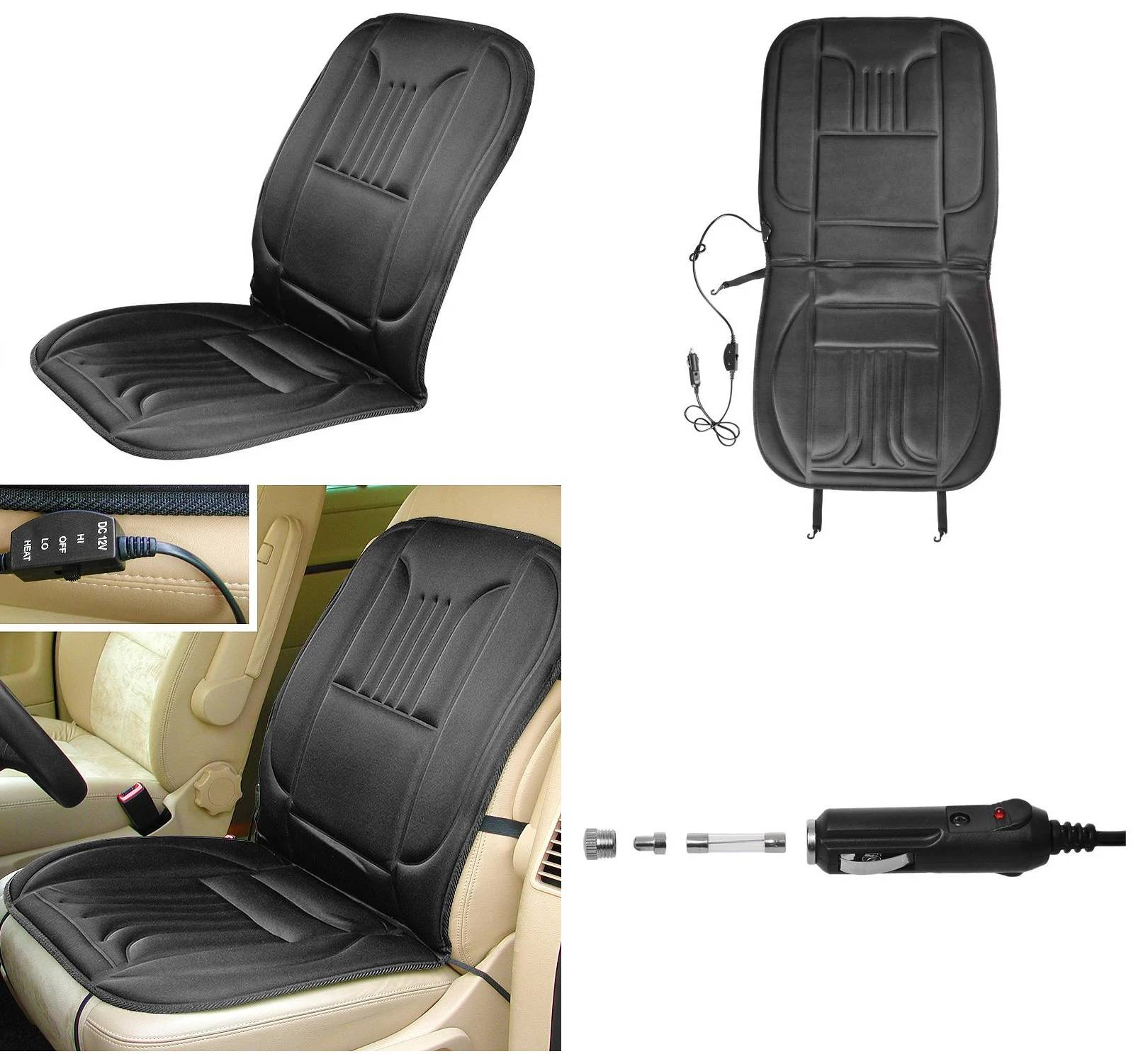 Schwarze beheizte Autositzbezug mit Bedienungselementen und Ladegerät. Enthält Bild des Bezugs, der auf einem Sitz installiert ist, sowie Netzteil.