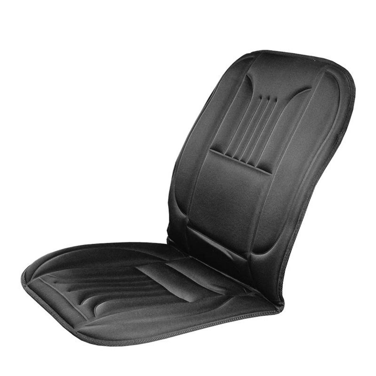 Eine schwarze gepolsterte Autositzbezug mit ergonomischen Designelementen für erhöhten Komfort, einschließlich Konturlinien und einer strukturierten Oberfläche.
