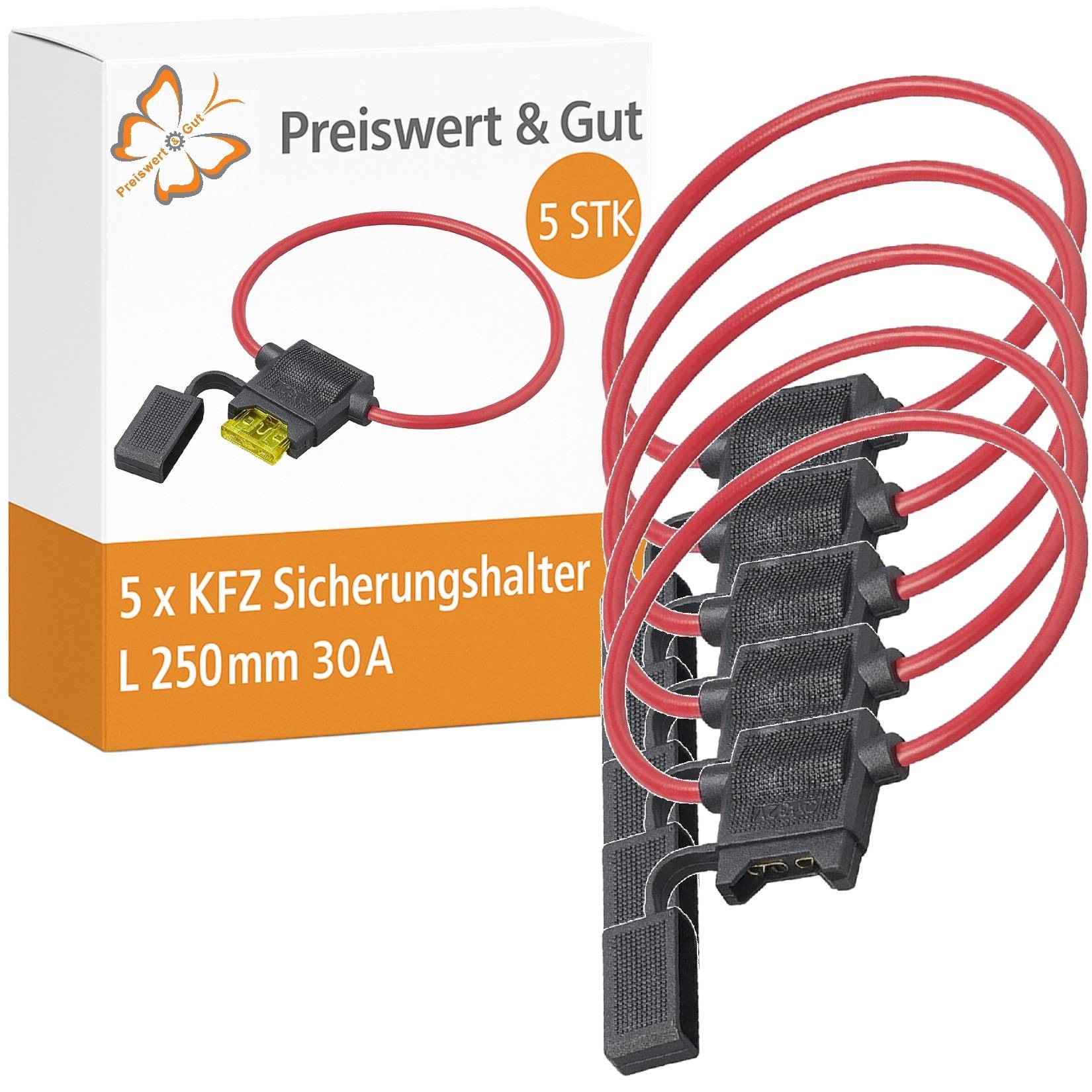 5 x KFZ Sicherungshalter, L 250mm 30A