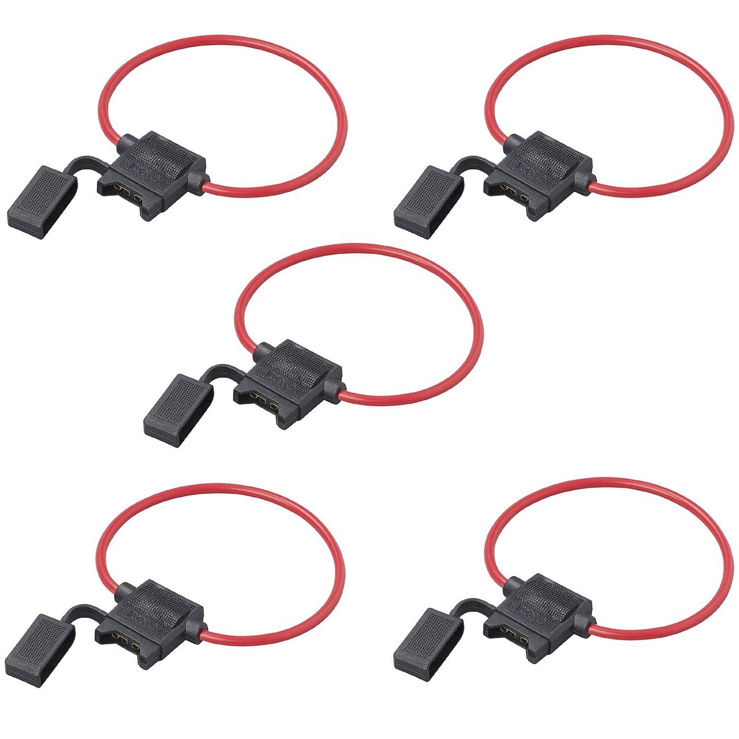 Fünf rote automotive Sicherungshalter mit schwarzen Abdeckungen und Schlaufendrähten, die zum Verbinden und Schützen elektrischer Schaltkreise verwendet werden.