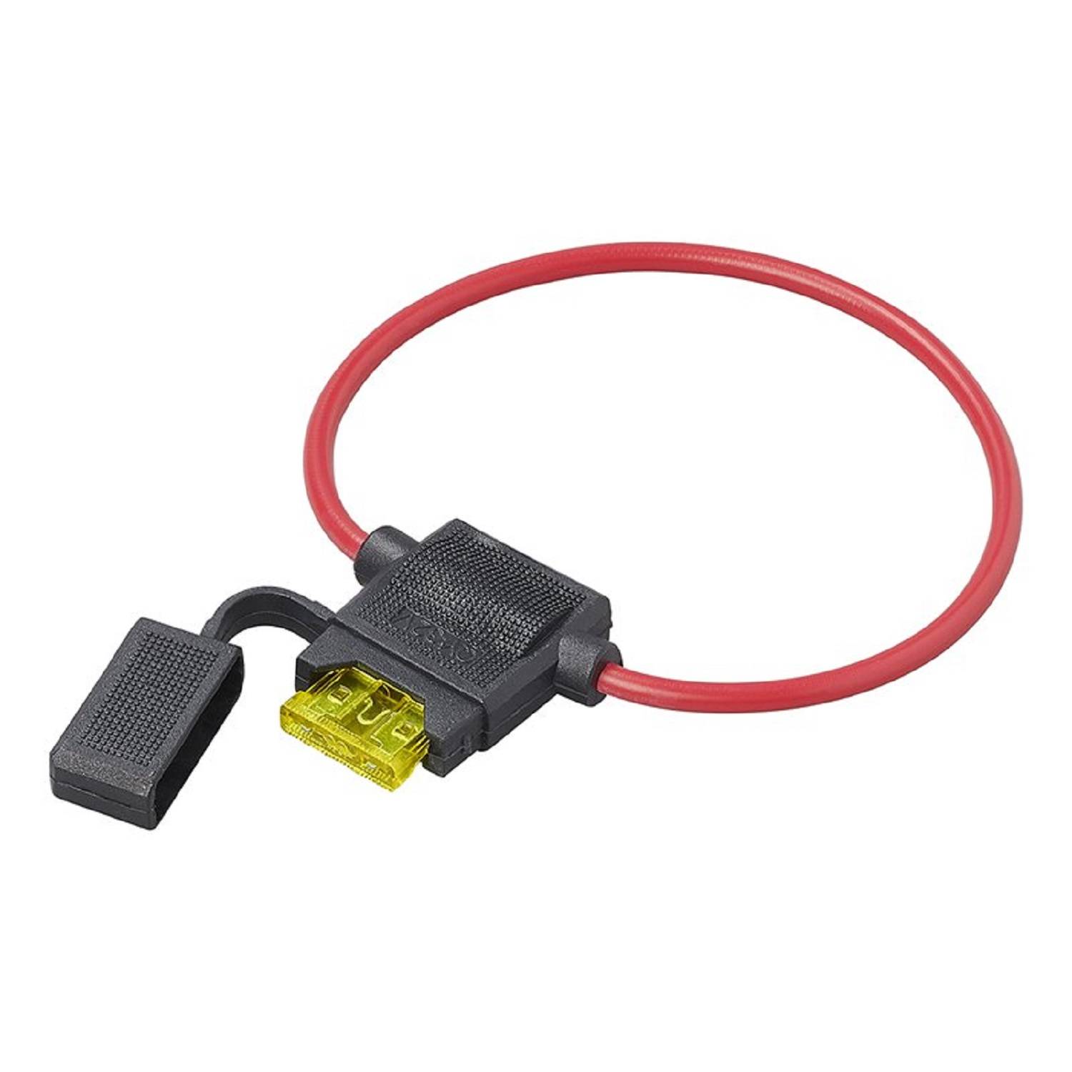 Ein Automotive-Sicherungshalter mit einer roten Schleifenleitung und einer gelben Sicherung im Inneren, verwendet zum Verbinden und Sichern elektrischer Schaltkreise.