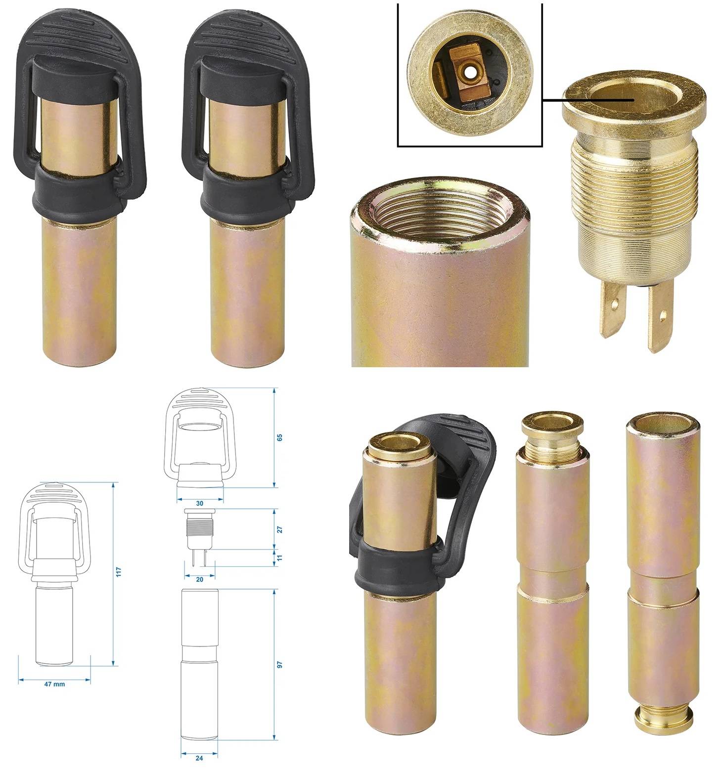 Technische Zeichnung eines Automotive-Zigarettenanzünders mit detaillierten Abmessungen und Montageteilen, einschließlich Buchse, Stecker und Kappe.