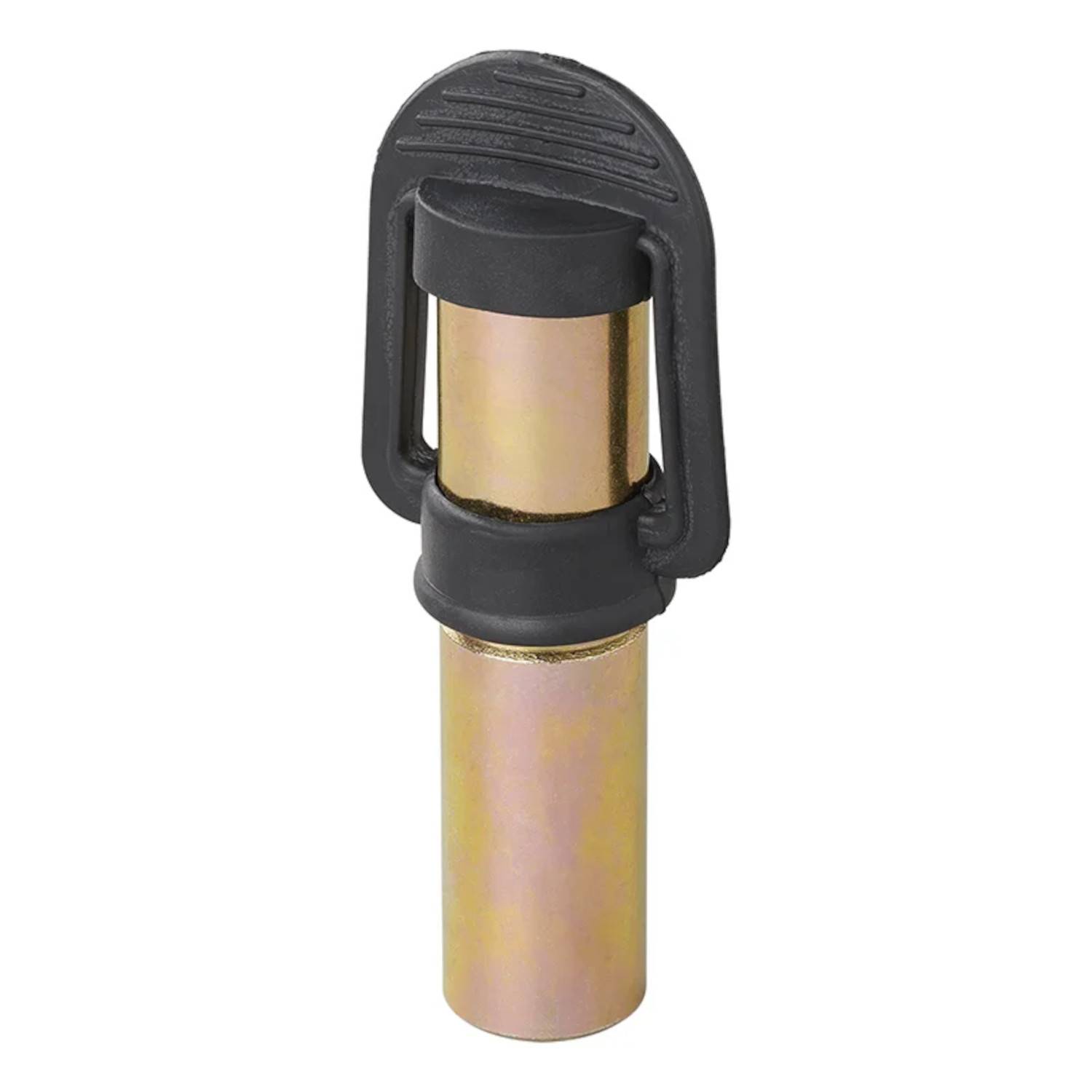 Ein messingfarbener Sperrstift mit einem schwarzen Kunststoffgriff, verwendet zum Sichern von Gegenständen wie Anhängern.