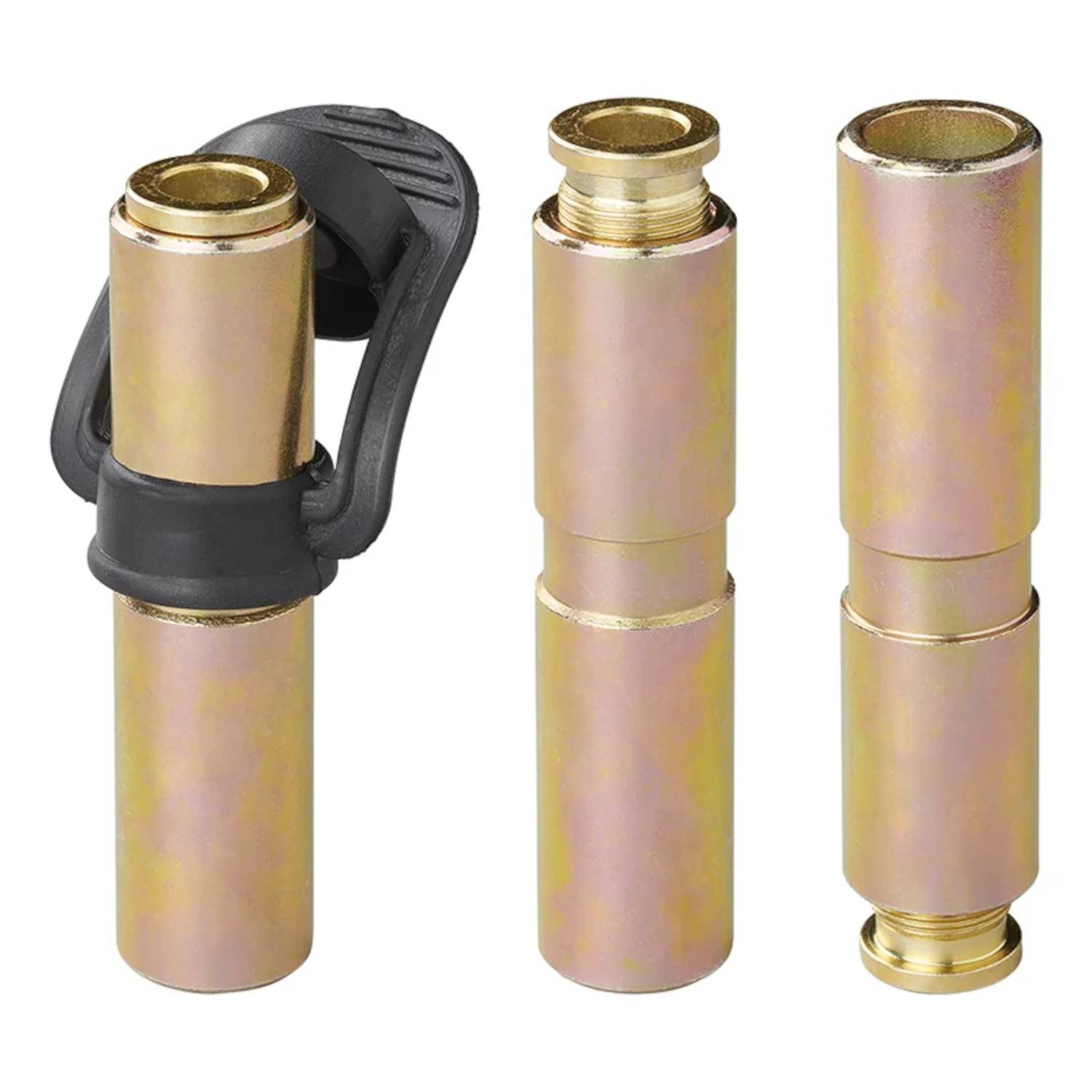 Drei zylindrische Messingverbinder, zwei mit seitlichen Kappen, zum Verbinden von Kabeln oder Schläuchen.
