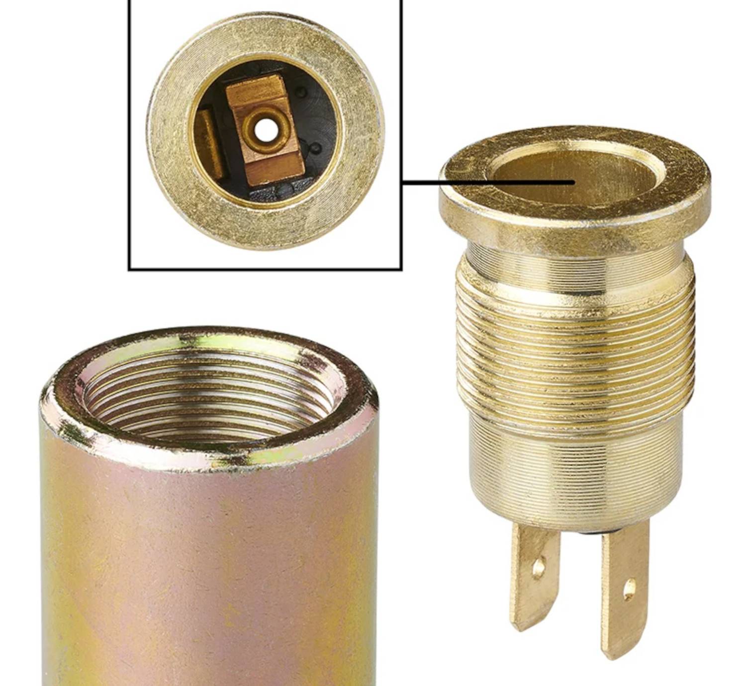 Nahaufnahme einer goldfarbenen Steckdose mit zwei Anschlüssen für elektrische Verbindungen, begleitet von einer Detailansicht der inneren Komponenten der Steckdose.
