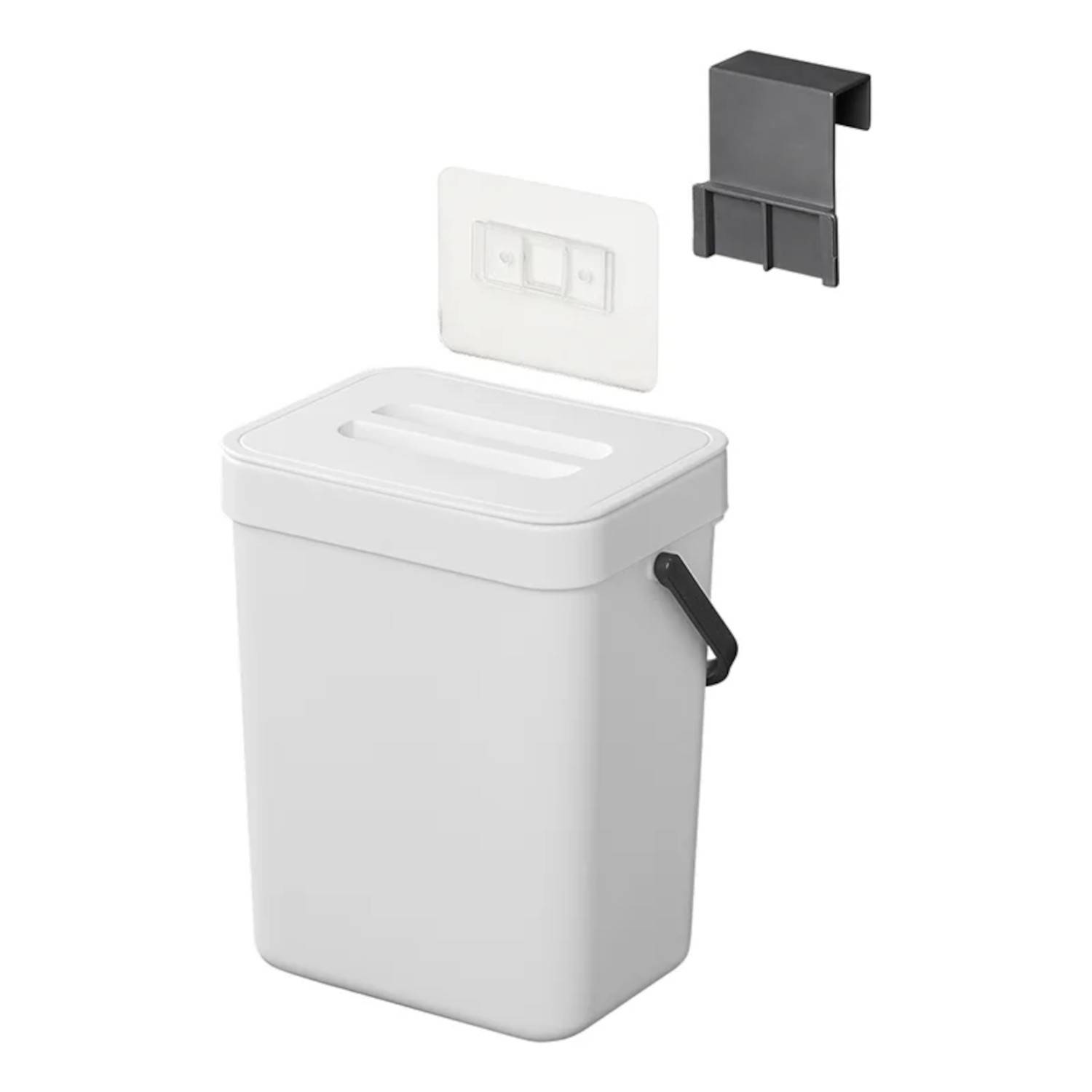 Ein weißer Abfalleimer mit einem Schiebdeckel und einer schwarzen Wandhalterung, konzipiert für platzsparende und effiziente Aufbewahrung in einem Raum oder Büro.