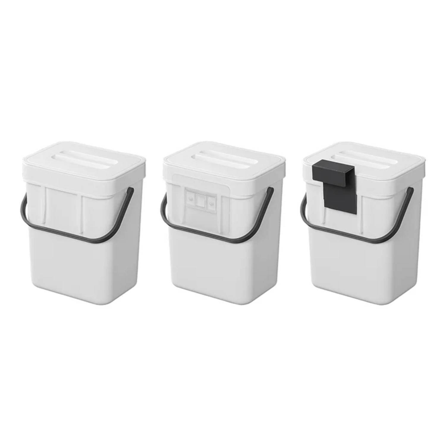 Drei weiße Plastik-Abfallbehälter mit schwarzen Griffen, die jeweils ein unterschiedliches Deckeldesign für verschiedene Funktionen oder Abfallarten aufweisen.
