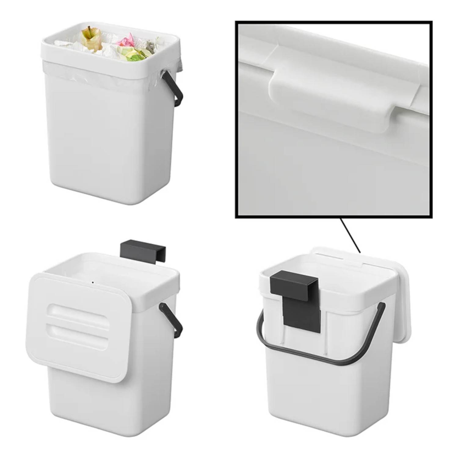 Weißer, rechteckiger Abfallbehälter mit Deckel, Griff und Wandhalterung, der aus verschiedenen Blickwinkeln gezeigt wird. Nahaufnahme der Deckelverriegelung.
