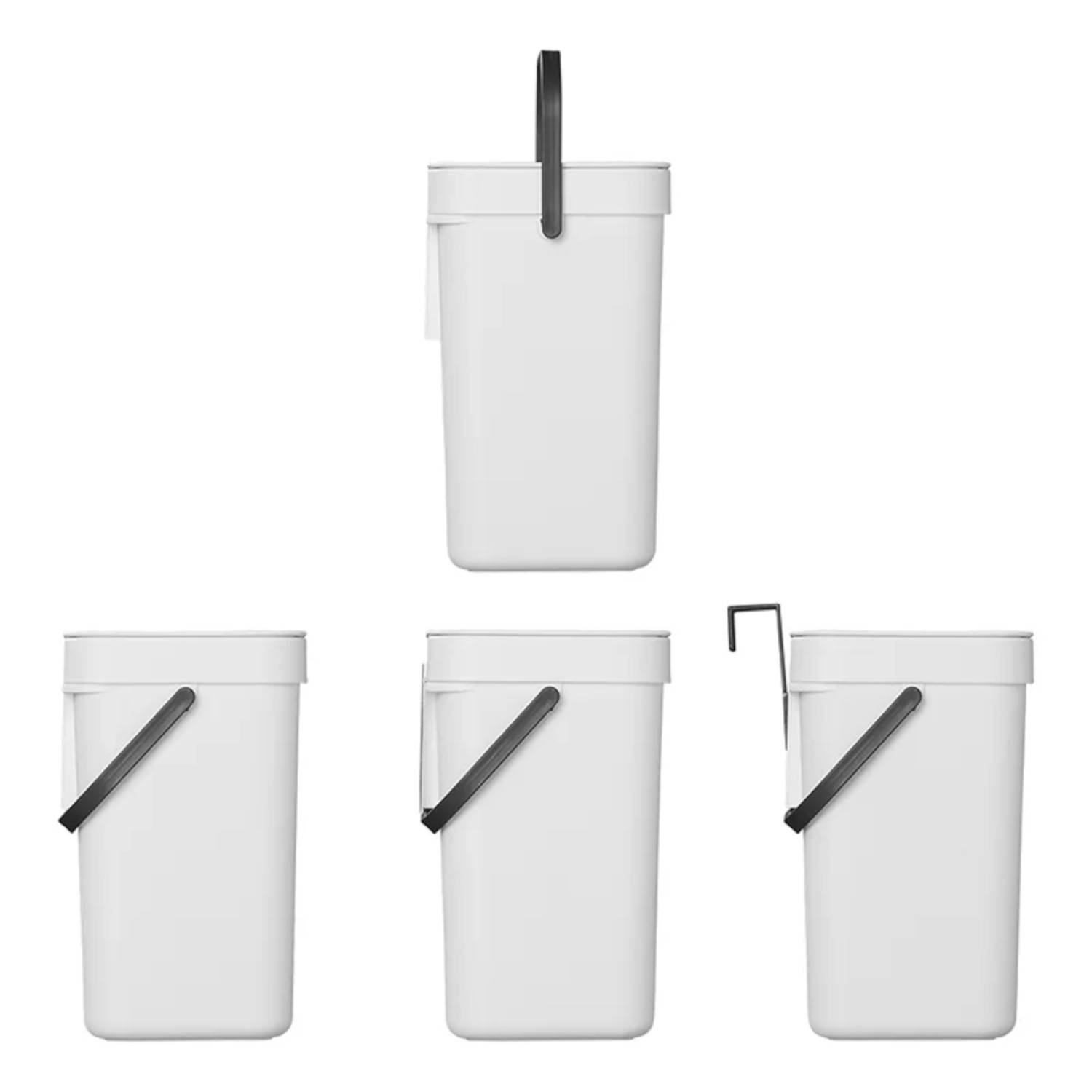 Deckel- & Verschluss-Set mit Produktabbildung, die mehrere weiße Containerbehälter-Deckel mit schwarzen Verschlüssen in verschiedenen Positionen zeigt.