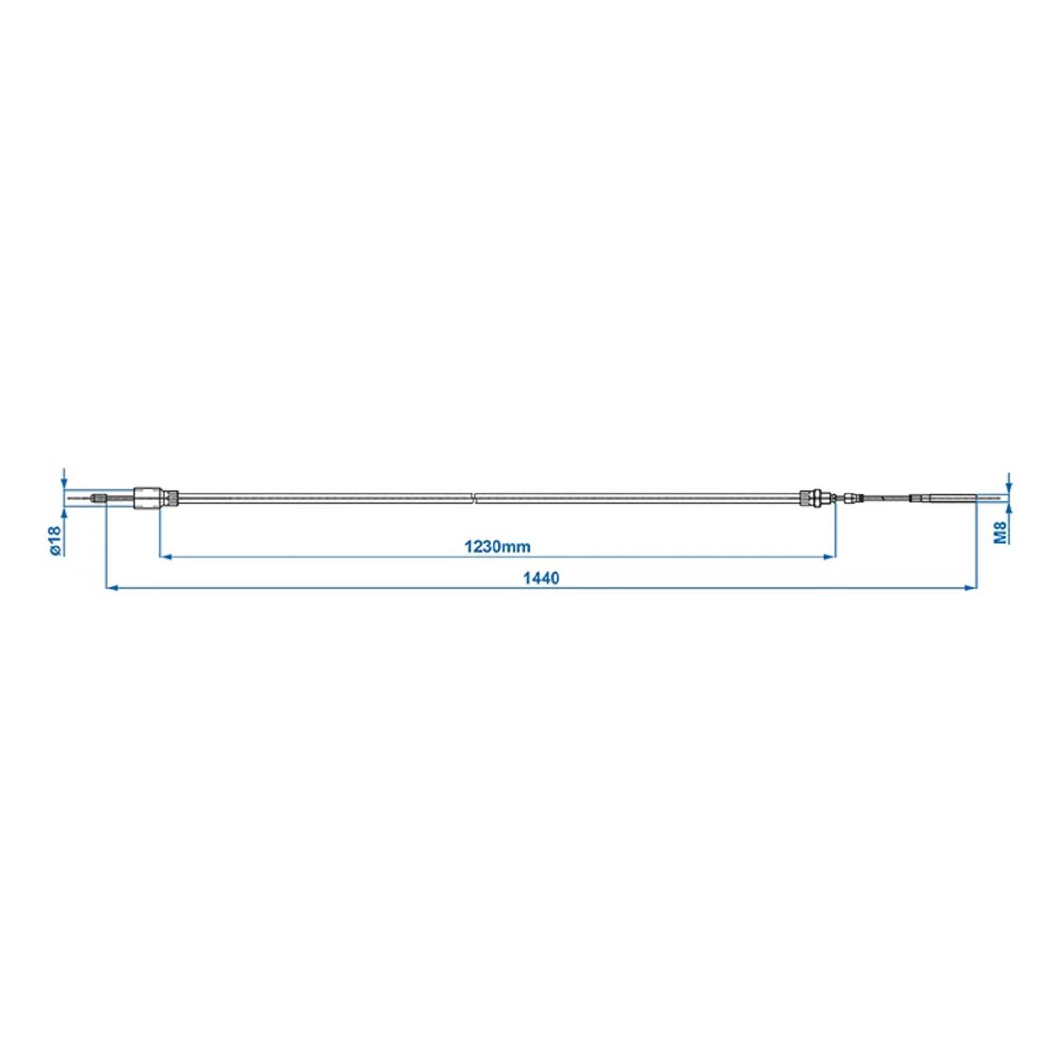 Technische Zeichnung eines Stabes mit Gesamtlänge 1440 mm, Hauptabschnitt 1230 mm und Durchmesser 9,8 mm.