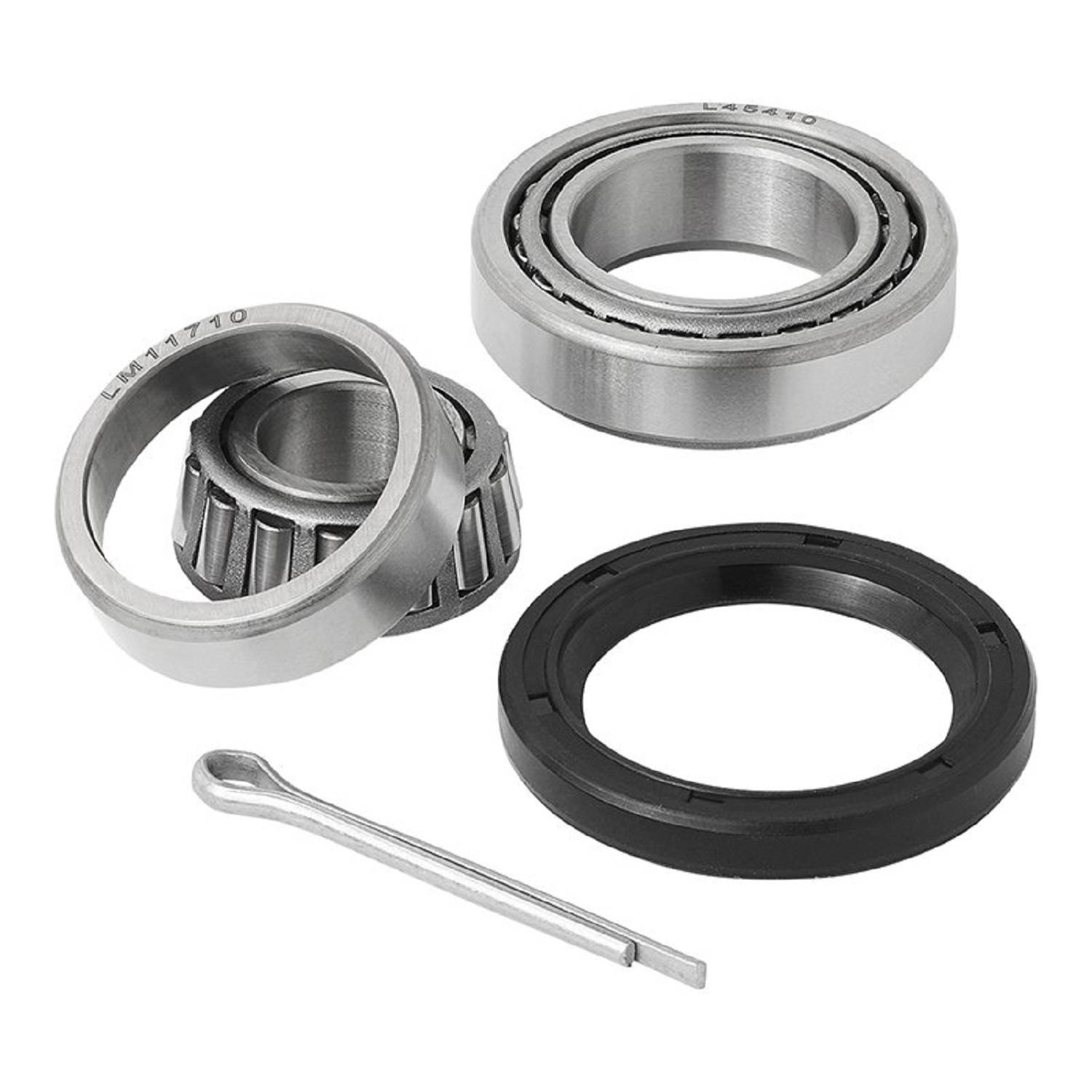 Lager und ein Dichtungssatz, der auf einem weißen Hintergrund ausgelegt ist und aus Metalllagern, einer schwarzen Dichtung und einem metallischen Stift besteht.