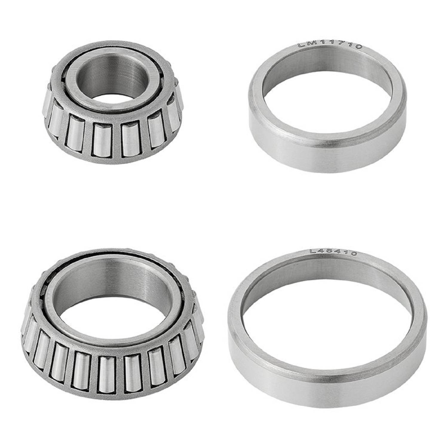 Vier konische Rollenlager, bestehend aus jeweils einem Innenring mit Rollenlagern und einem Außenring, paarweise dargestellt und ihre Konstruktion hervorhebend.