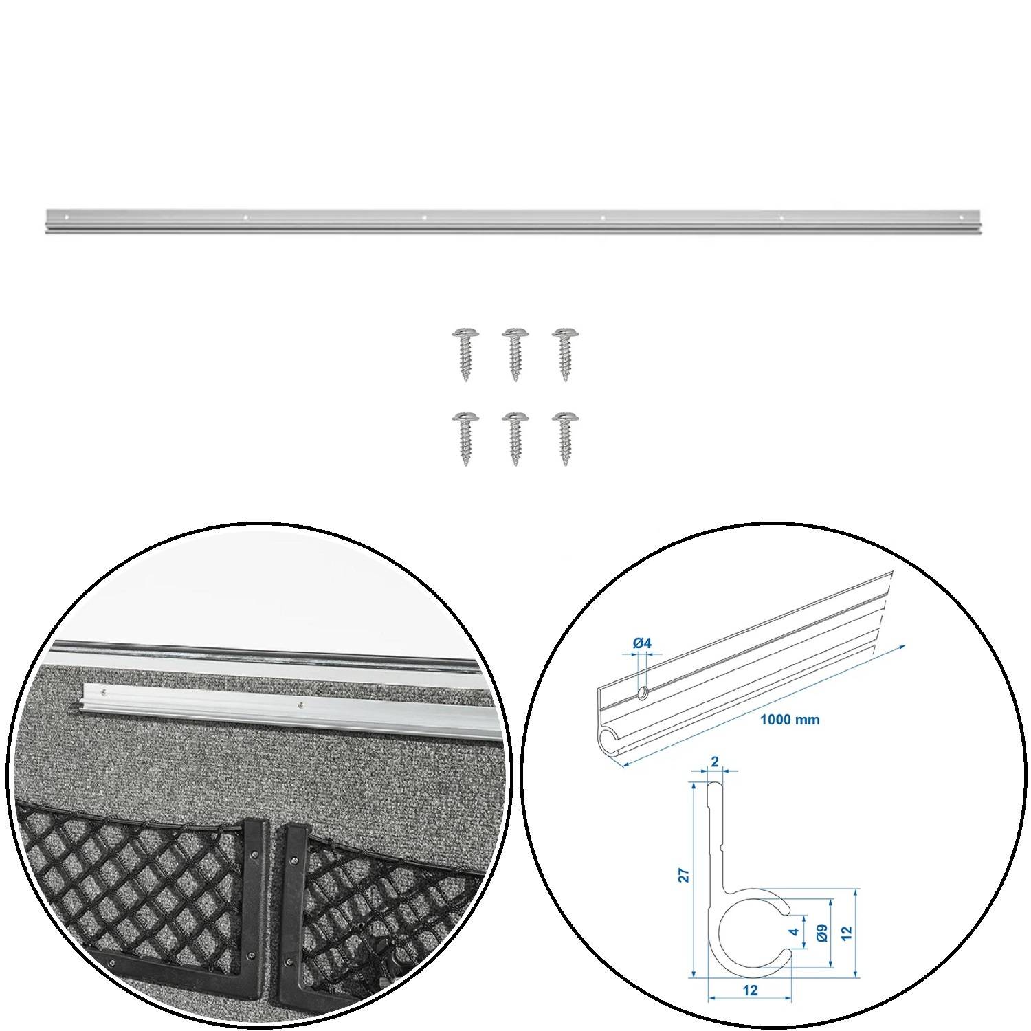 Tropfkante mit Schrauben zur Verwendung in Schiebe-Duschabtrennungen. Diagramm zeigt Abmessungen: 1.000 mm Länge, 12 mm Vorderseite, 27 mm Höhe.