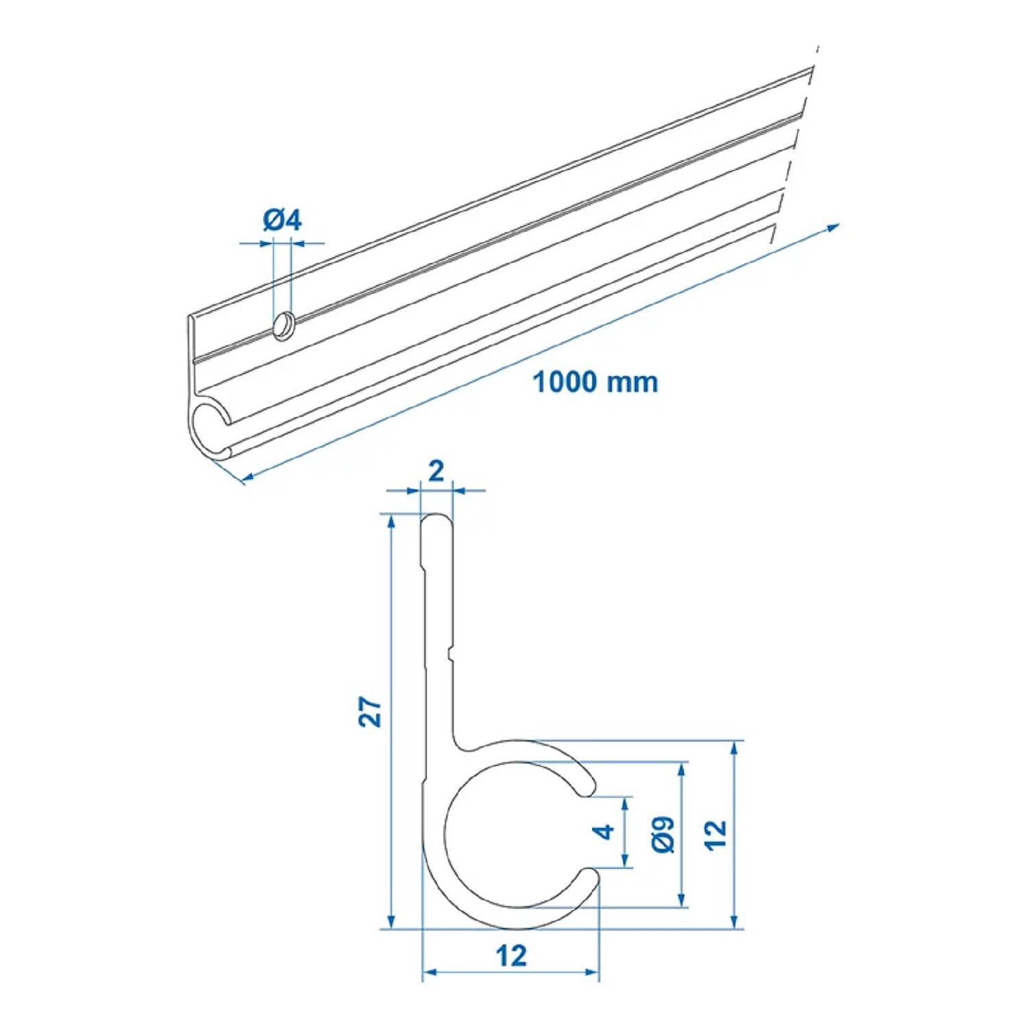 Diagramm einer Metallhaken-Schiene. Draufsicht zeigt Länge 1000 mm, Lochdurchmesser Ø4. Seitenansicht veranschaulicht Abmessungen: 12 mm Breite, 27 mm Höhe, Ø9 Kreis mit 4 mm Abstand.