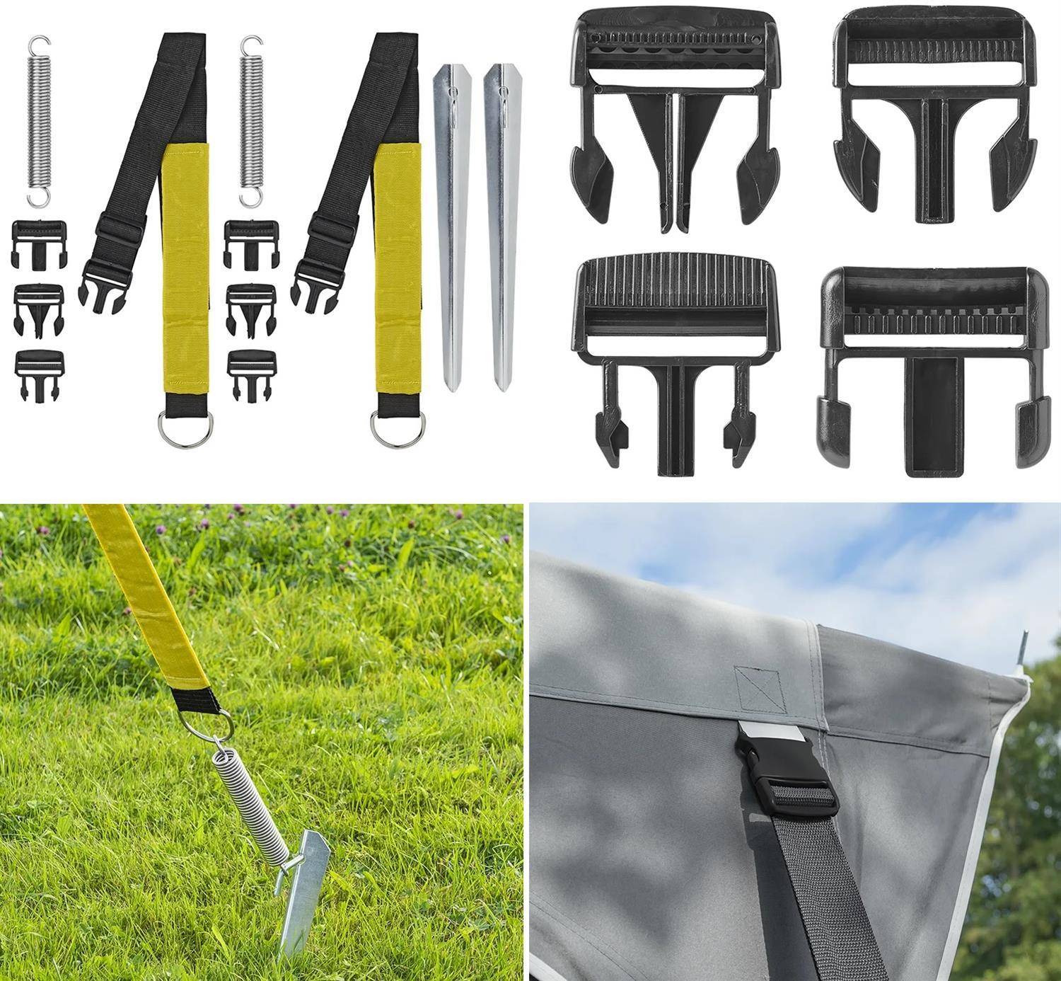 Ein Campingausrüstungs-Set umfasst verstellbare Heringe, Spannseile und Clips zum Befestigen von Zelten. Nahaufnahme eines Clips, der an einem Zelt befestigt ist.