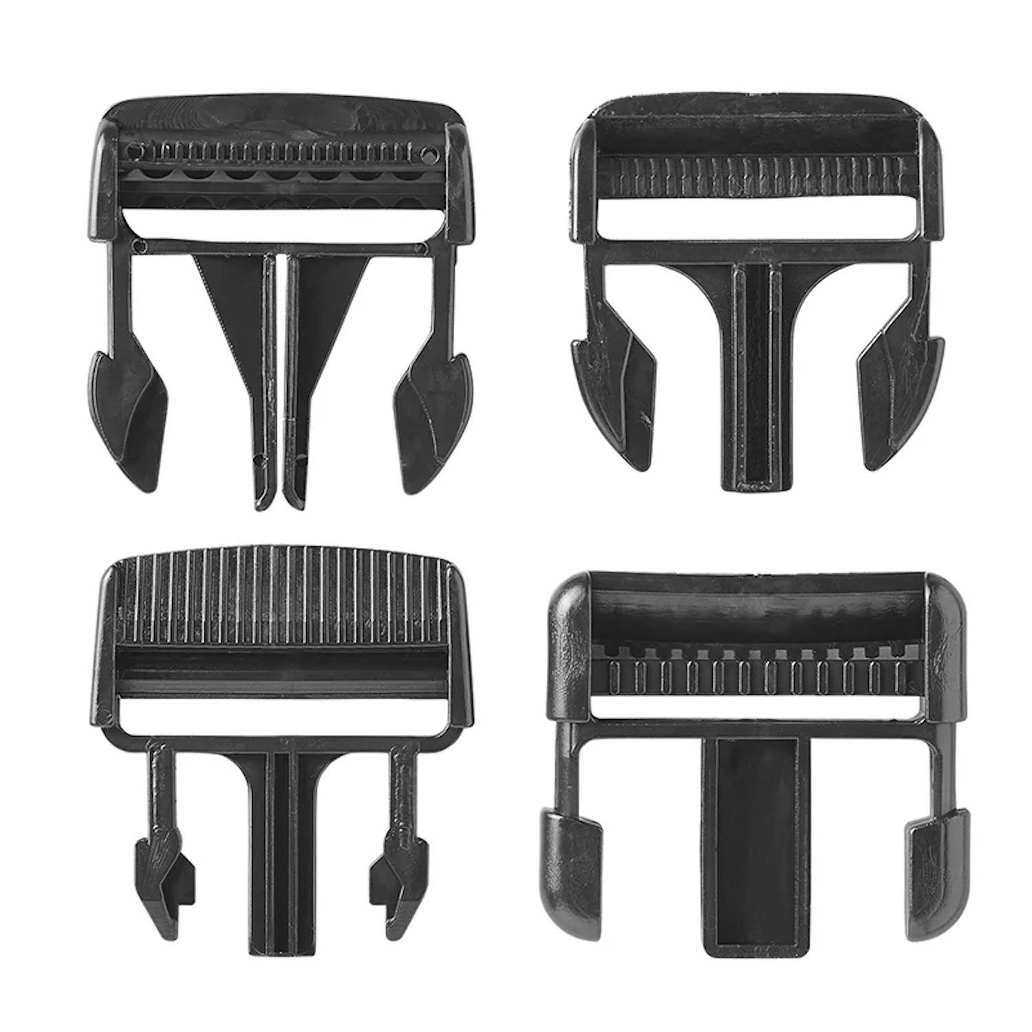 Vier schwarze Kunststoff-Bürstenklemmhalterungen mit verschiedenen Designs, die üblicherweise zum Anbringen an Staubsaugerköpfen verwendet werden.