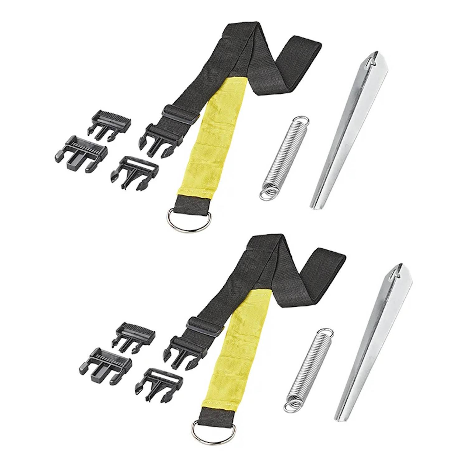 Zwei Sätze von Trampolin-Befestigungssets, jeweils mit einem gelben Gurt, Metallfeder, Erdspießen und schwarzen Kunststoffklammern, nebeneinander angeordnet.
