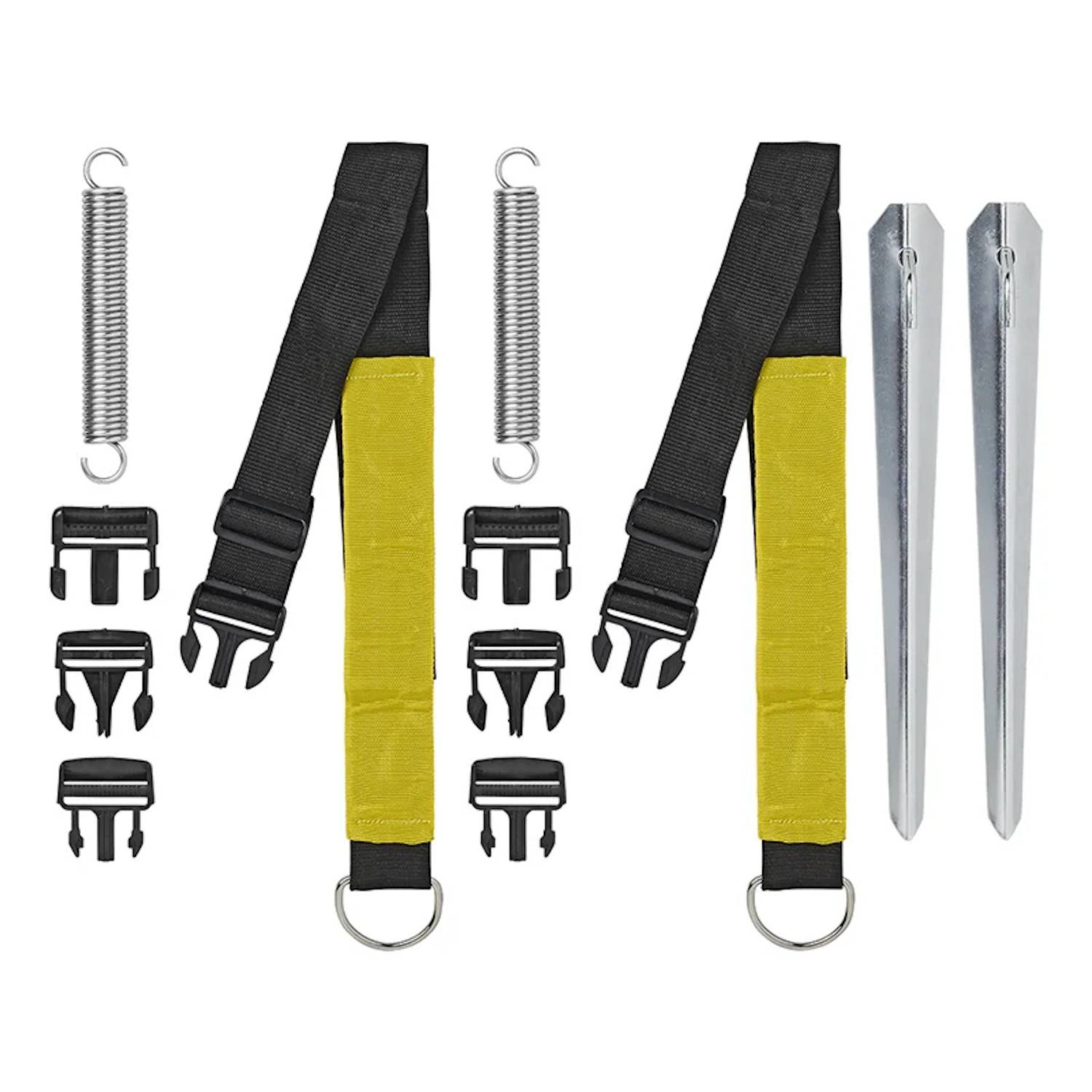 Trampoline-Ankerkit mit Gurten, Federn, Schnallen und Heringe zum Sichern des Trampolins an seinem Platz.