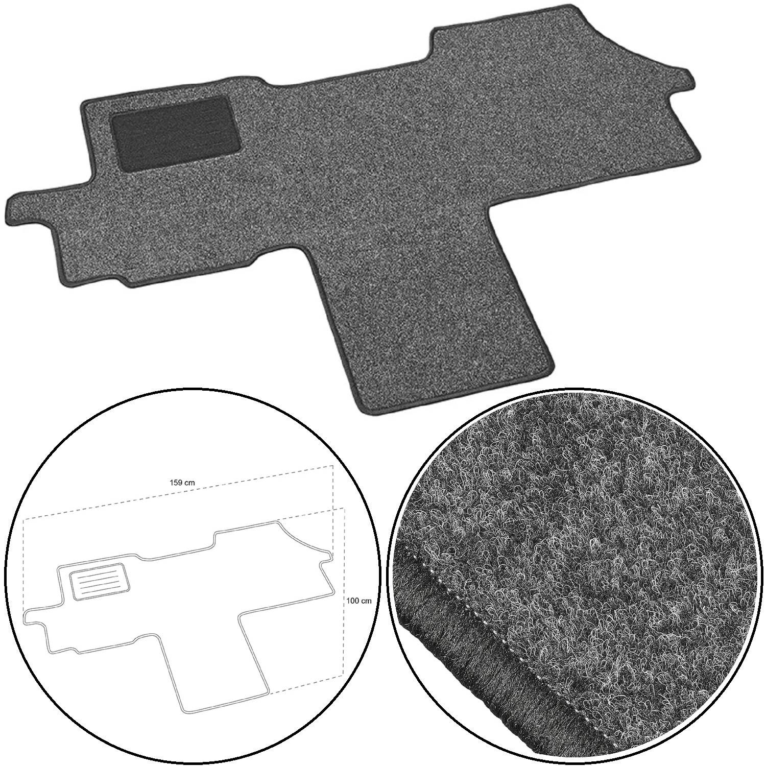 Autofußmatte mit strukturierter Oberfläche, zusammen mit einer Detailaufnahme des Materials und einer dimensionalen Umrisslinie, die '150 cm' anzeigt.