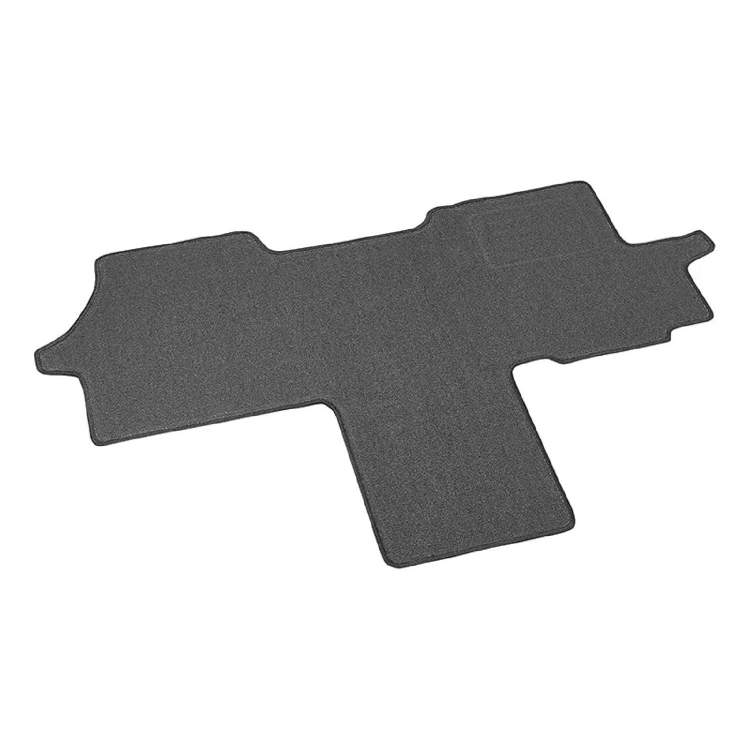 Dunkelgrauer Autofußmatte mit rechteckiger Form und Aussparungen, die speziell an die Konturen des Fahrzeugs angepasst sind, geeignet für Schutz und Stil.