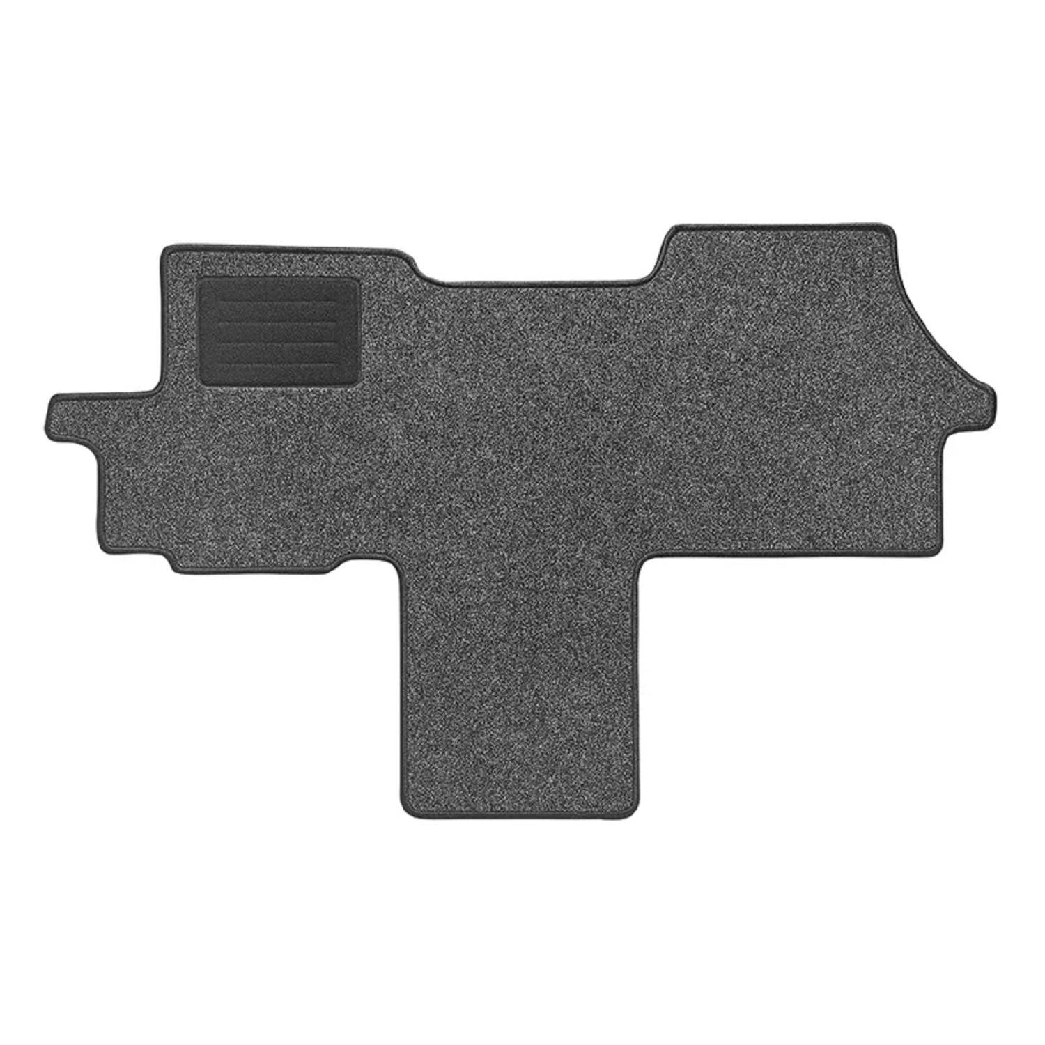 Autofußmatte mit einer strukturierten Oberfläche und einem rechteckigen Aufnäher auf der linken Seite, die für den Einbau unter dem Fahrersitz konzipiert ist.