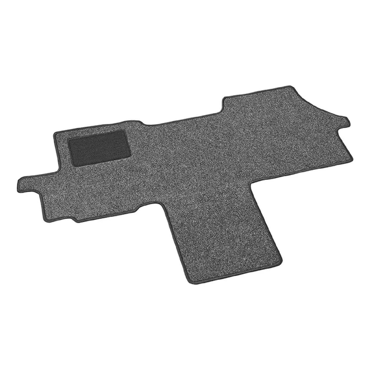 Eine strukturierte, graue Autofußmatte mit integrierter Fersenmatte, die für ein bestimmtes Fahrzeugmodell entwickelt wurde und vor einem einfarbigen Hintergrund abgebildet ist.