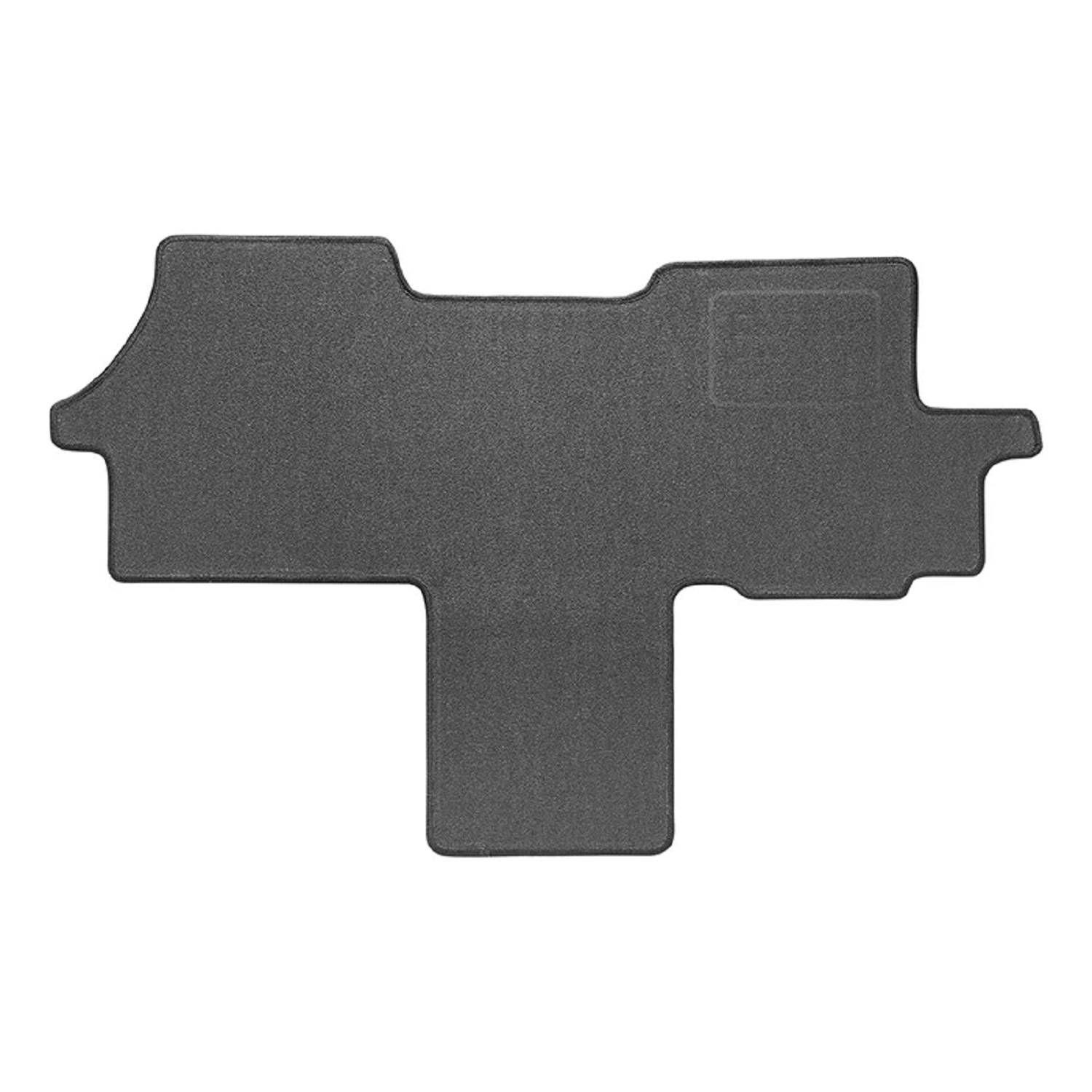 Eine schwarze, T-förmige Autofußmatte mit strukturierter Oberfläche, die speziell für ein bestimmtes Automodell entwickelt wurde.
