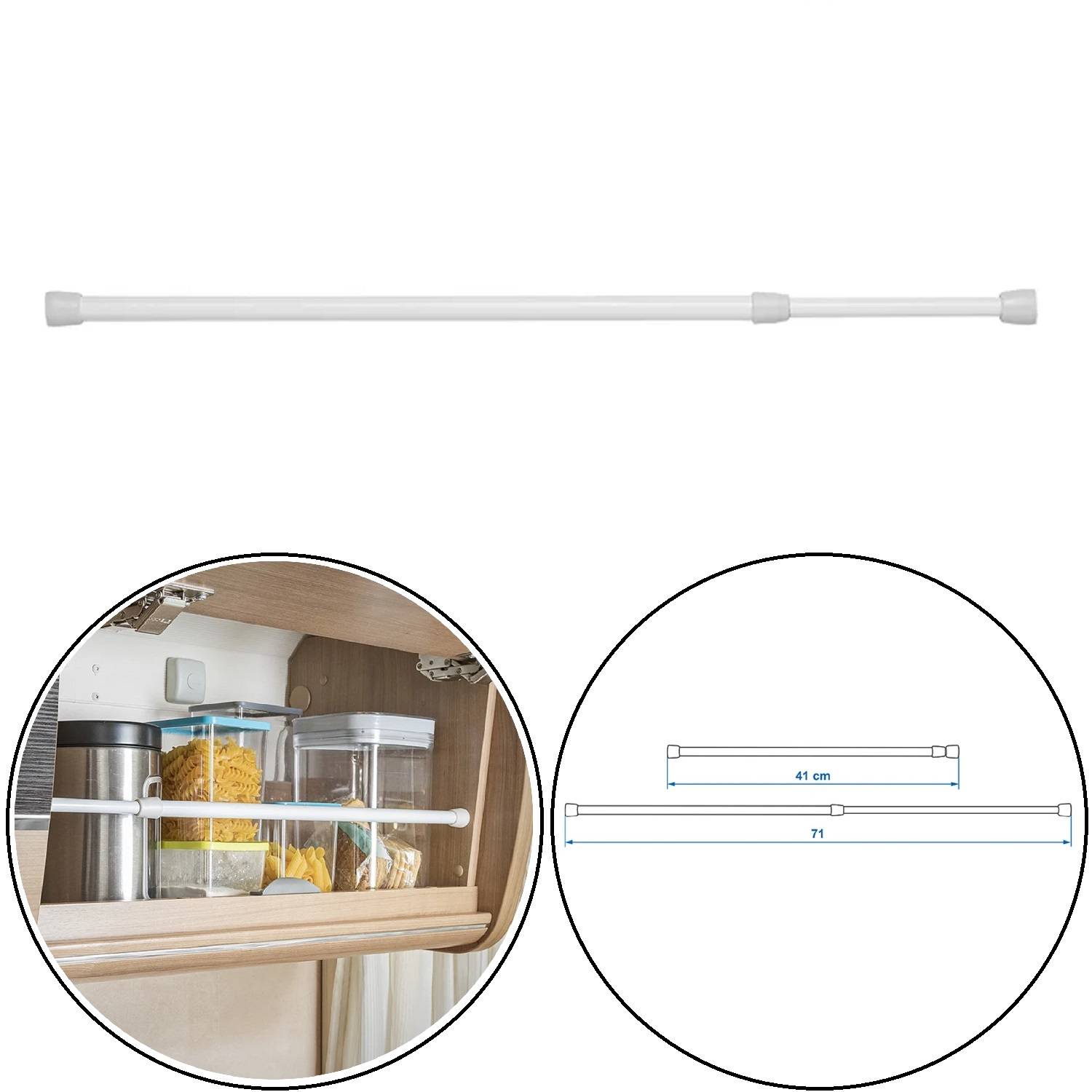 Verstellbare Spannstange mit Abmessungen von 41-71 cm für den Einsatz in Schränken; dargestellt beim Halten von Gegenständen in einem Regal.