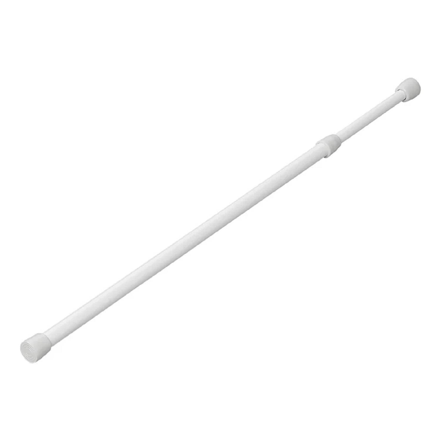 Eine weiße verstellbare Spannstange mit Gummikappen, die für Vorhänge oder Duscheinrichtungen verwendet wird, vor einem einfarbigen Hintergrund.