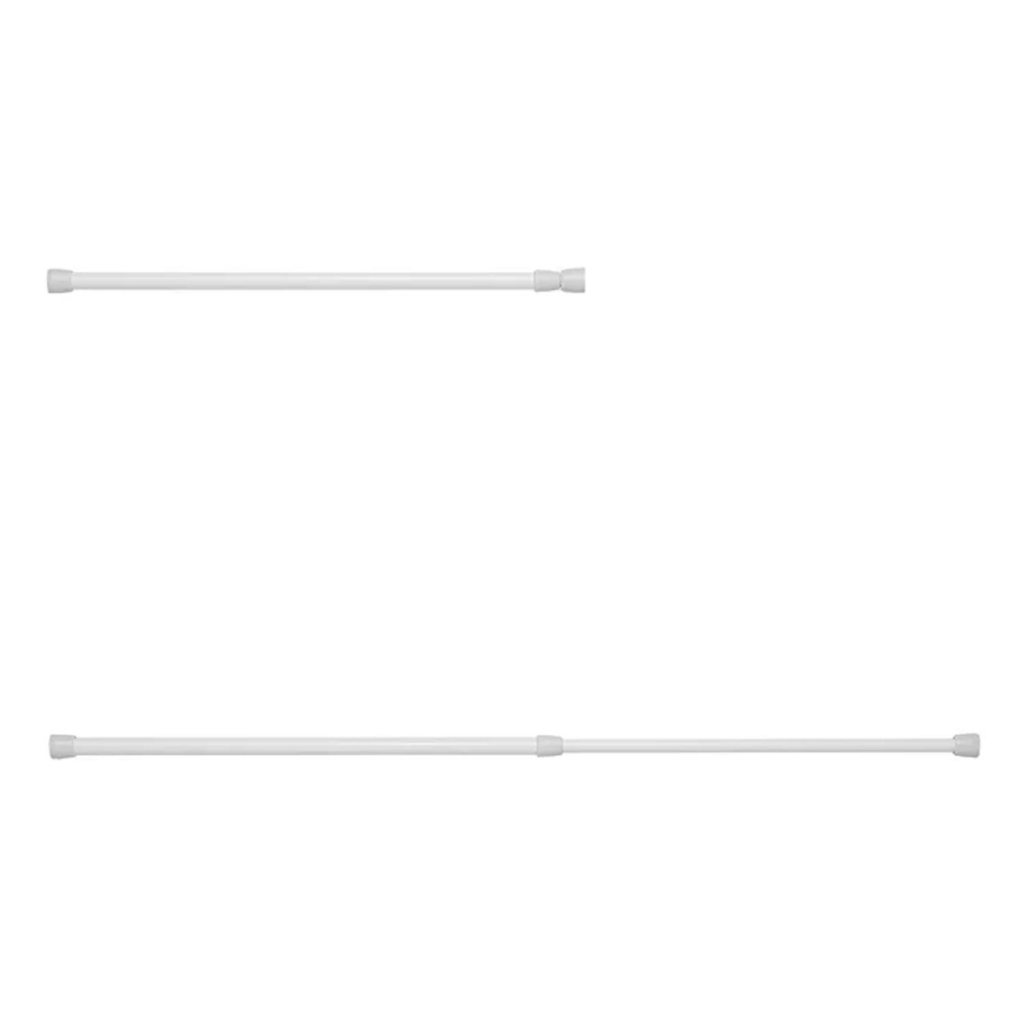 Zwei weiße Spannstangen unterschiedlicher Länge, horizontal vor einem einfarbigen Hintergrund aufgehängt.
