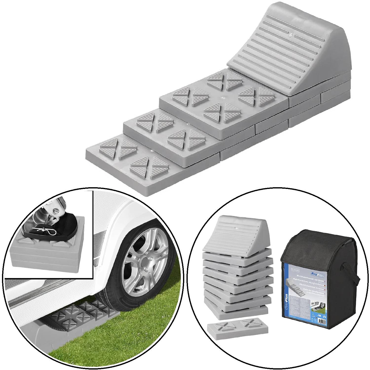 Eine graue Nivellierrampe für Fahrzeuge, dargestellt aus verschiedenen Perspektiven: ein Rad abstützend, gestapelt und neben einer Aufbewahrungstasche.