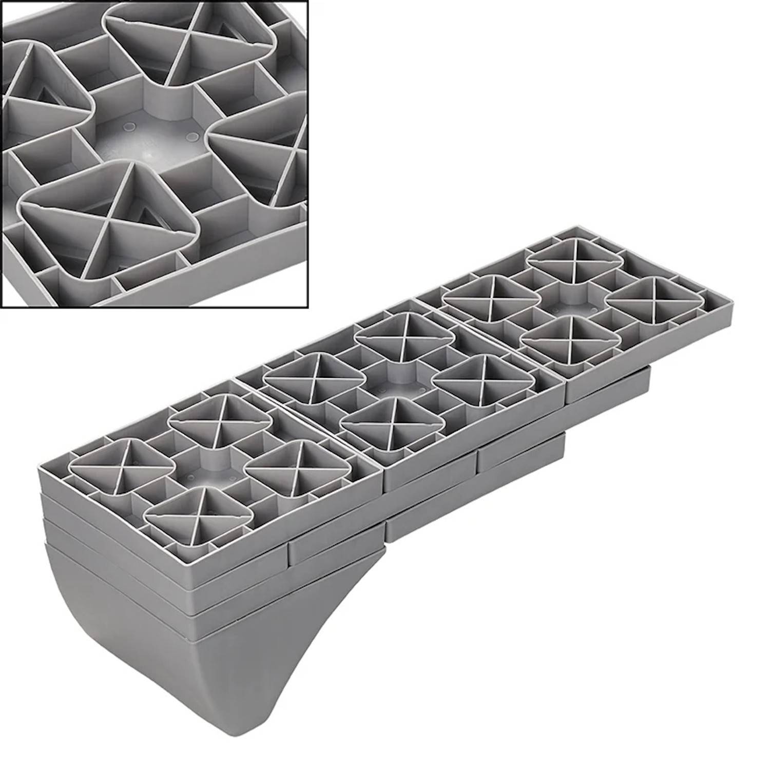 Graue, stapelbare Plastikbecher für Möbelbeine, die durch sternförmige Innenstrukturen stabilen Halt und reduzierte Bodenberiebung bieten.