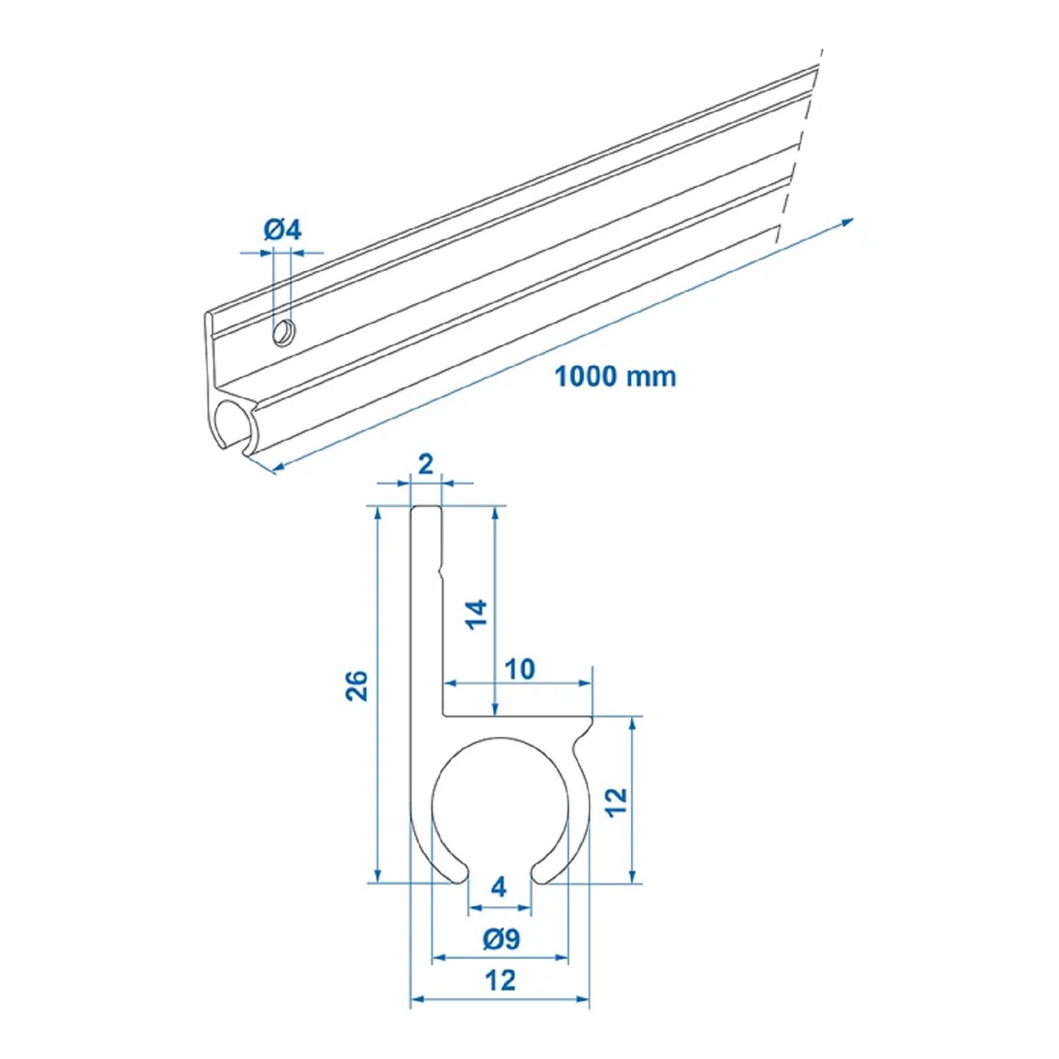 Technische Zeichnung einer 1000 mm Stange mit 4 mm Loch. Querschnitt zeigt Abmessungen: Höhe 26 mm, Breite 14 mm, Durchmesser 9 mm.