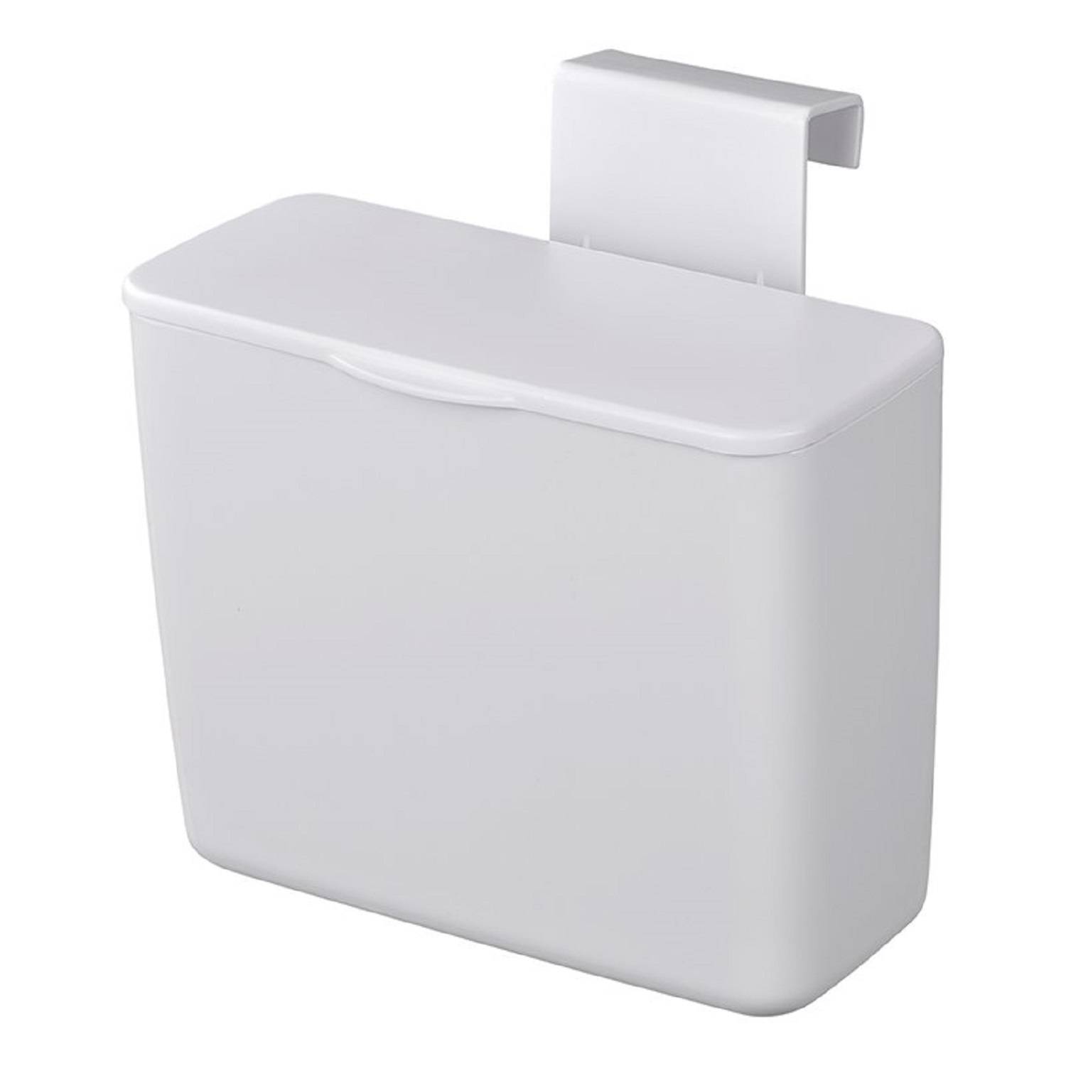 Weißer Kunststoff-Küchenmülleimer mit Deckel und Haken zur Montage an einer Küchenschranktür.