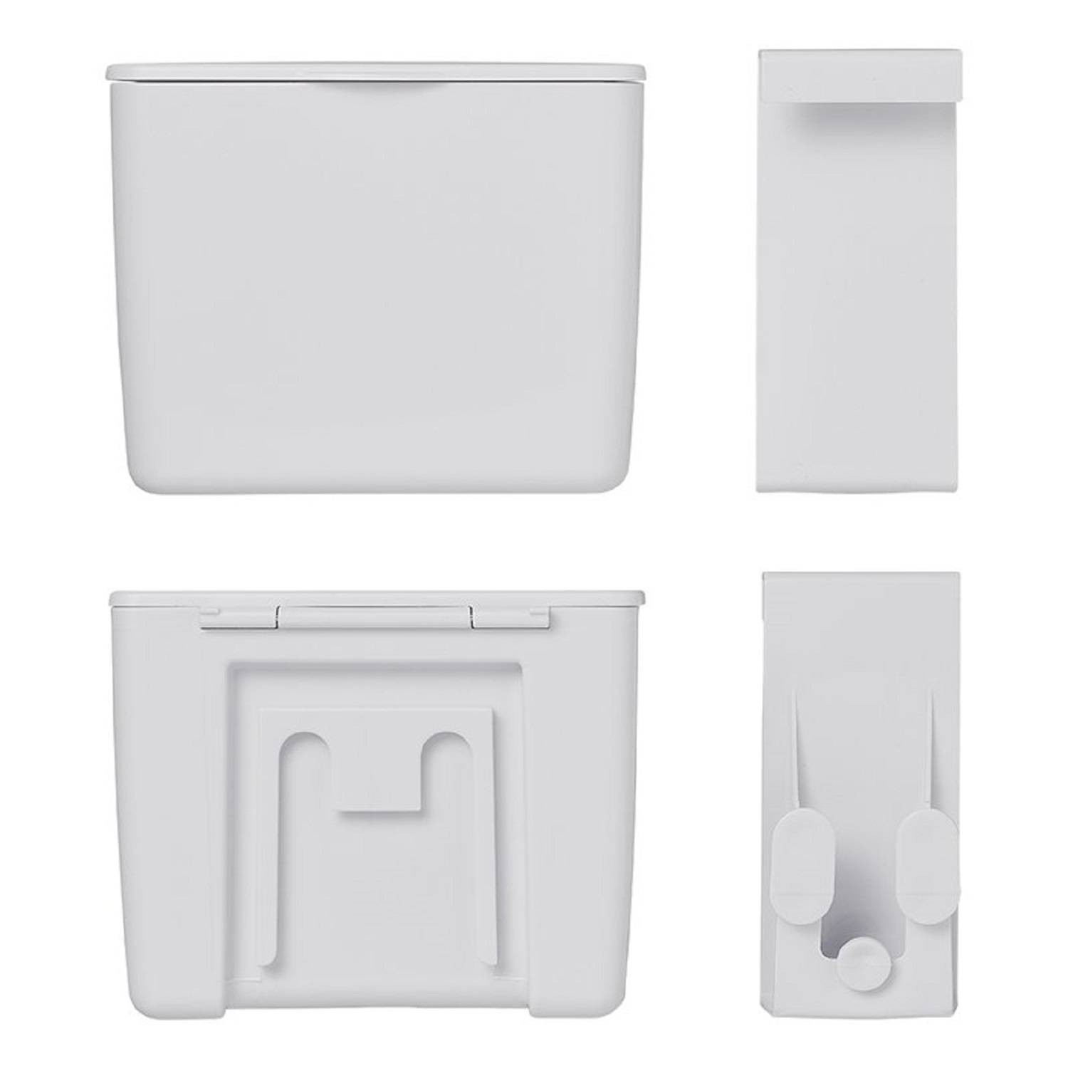 Ein weißer Lagercontainer wird aus mehreren Blickwinkeln gezeigt: von vorne, von der Seite, von oben und von unten, wobei seine rechteckige Form und flache Oberflächen hervorgehoben werden.