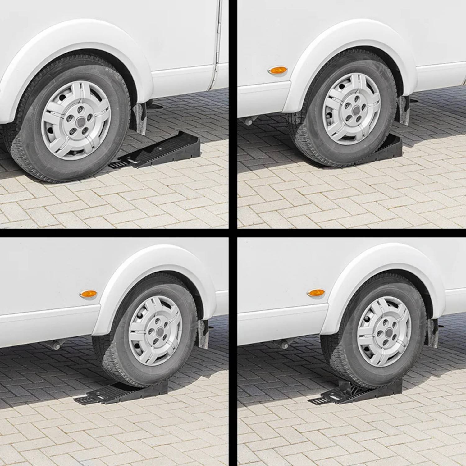 Nahaufnahme eines Wohnwagenrads, das auf einem Stützbock in verschiedenen Positionen geparkt ist, wobei die Nutzbarkeit des Stützocks zum Stabilisieren und Ausrichten demonstriert wird.