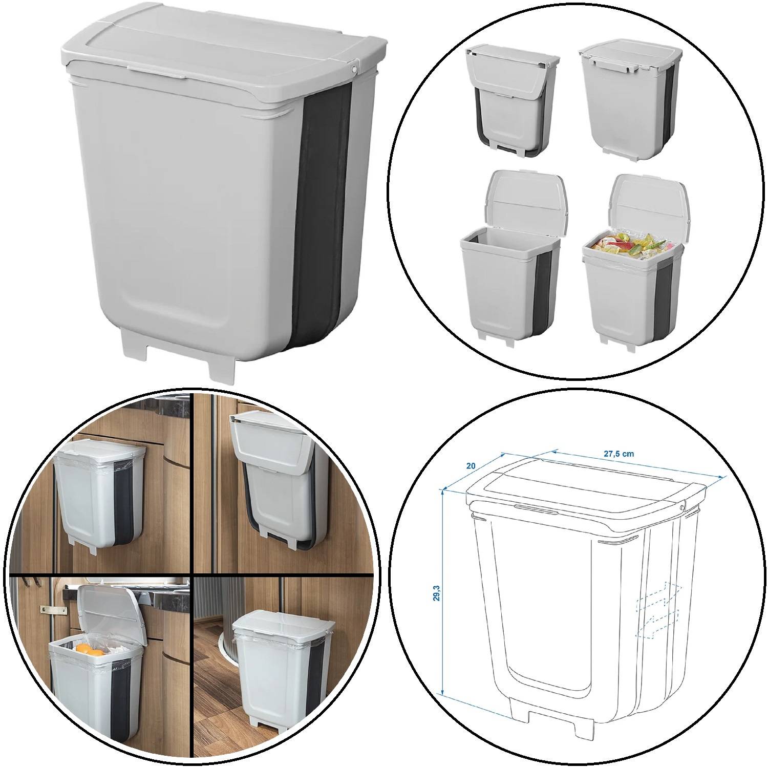 Multifunktionaler grauer Mülleimer, dargestellt mit verschiedenen Deckelstellungen und Verwendungen in der Küche, neben einer Bauzeichnung mit Maßangaben.