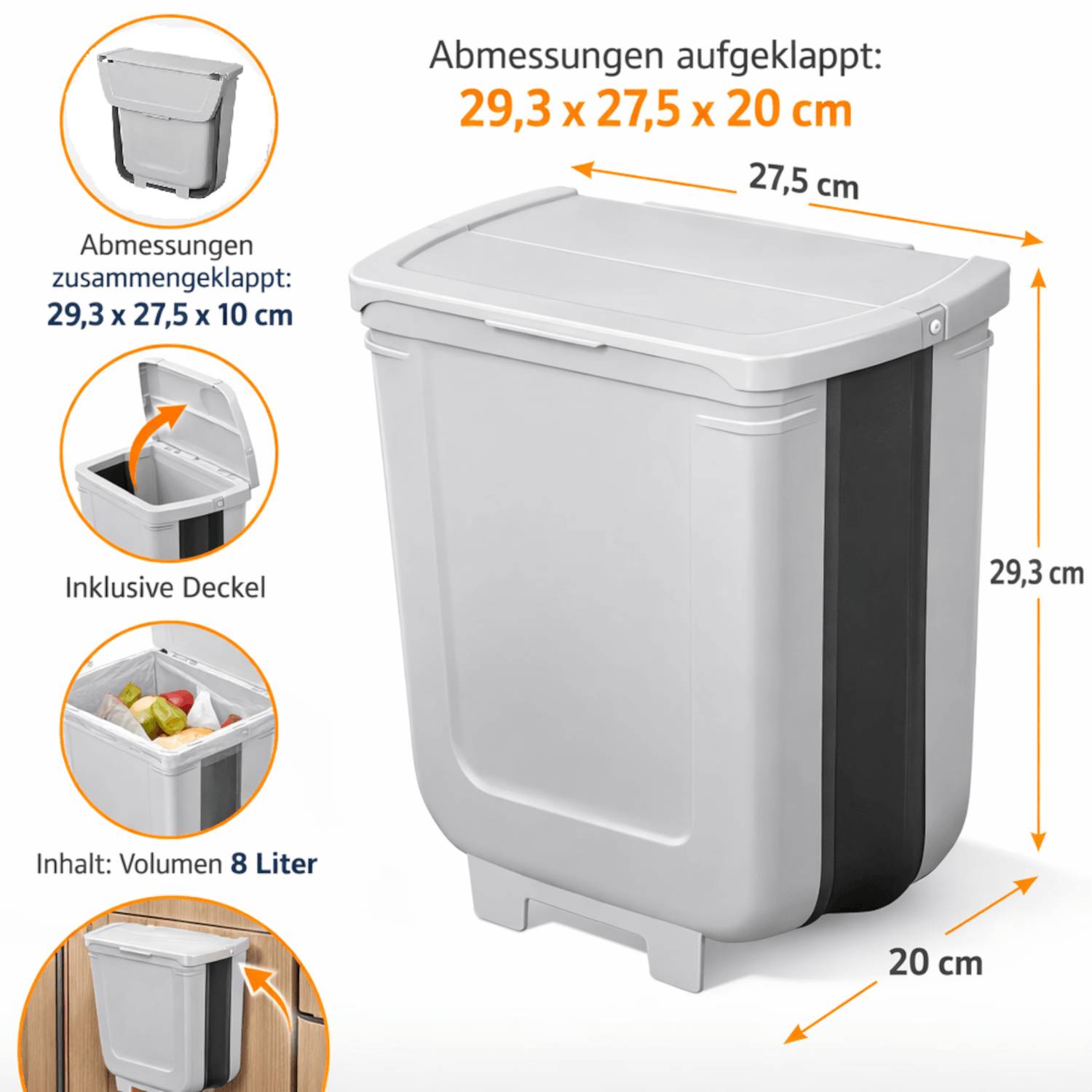 Abfalleimer mit Deckel Küche Faltbar 8L Mülleimer Bad 29x27x20cm Wohnmobil
