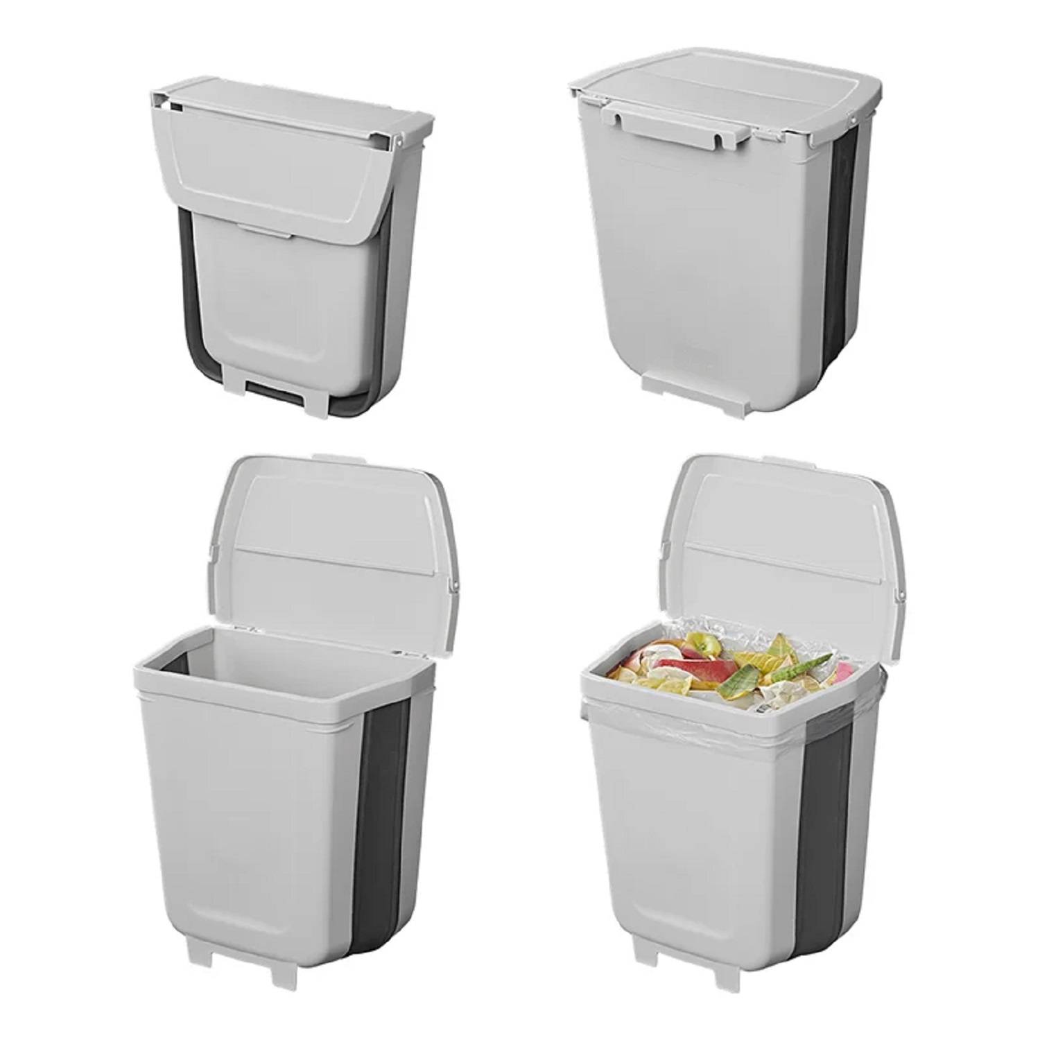 Vier Ansichten einer grauen Plastik-Mülltonne: geschlossen, offen und leer, Seitenansicht mit hochgeklapptem Deckel und offen mit Abfall darin.