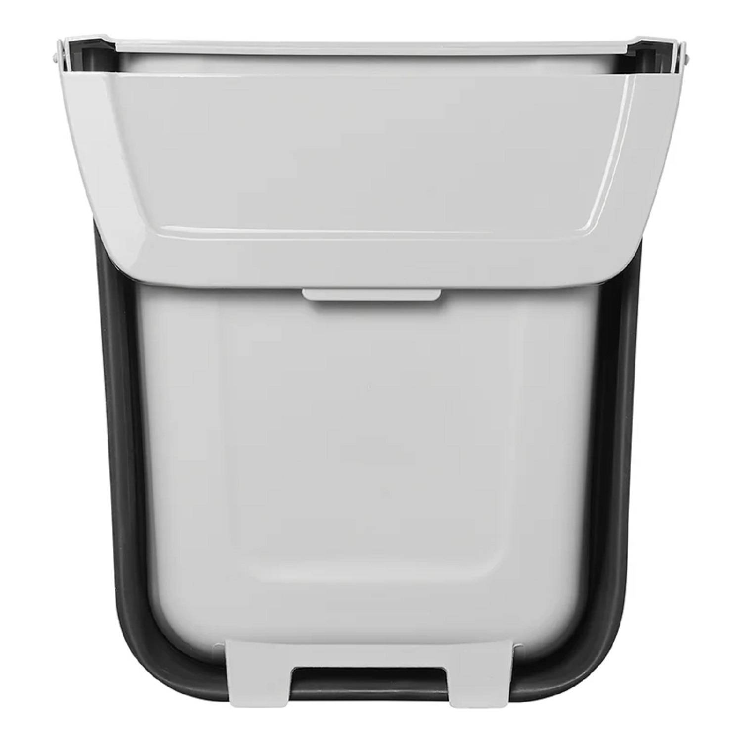 Wandmontierte weiße Abfalltonne mit Deckel, konzipiert für kompakte Innenräume.