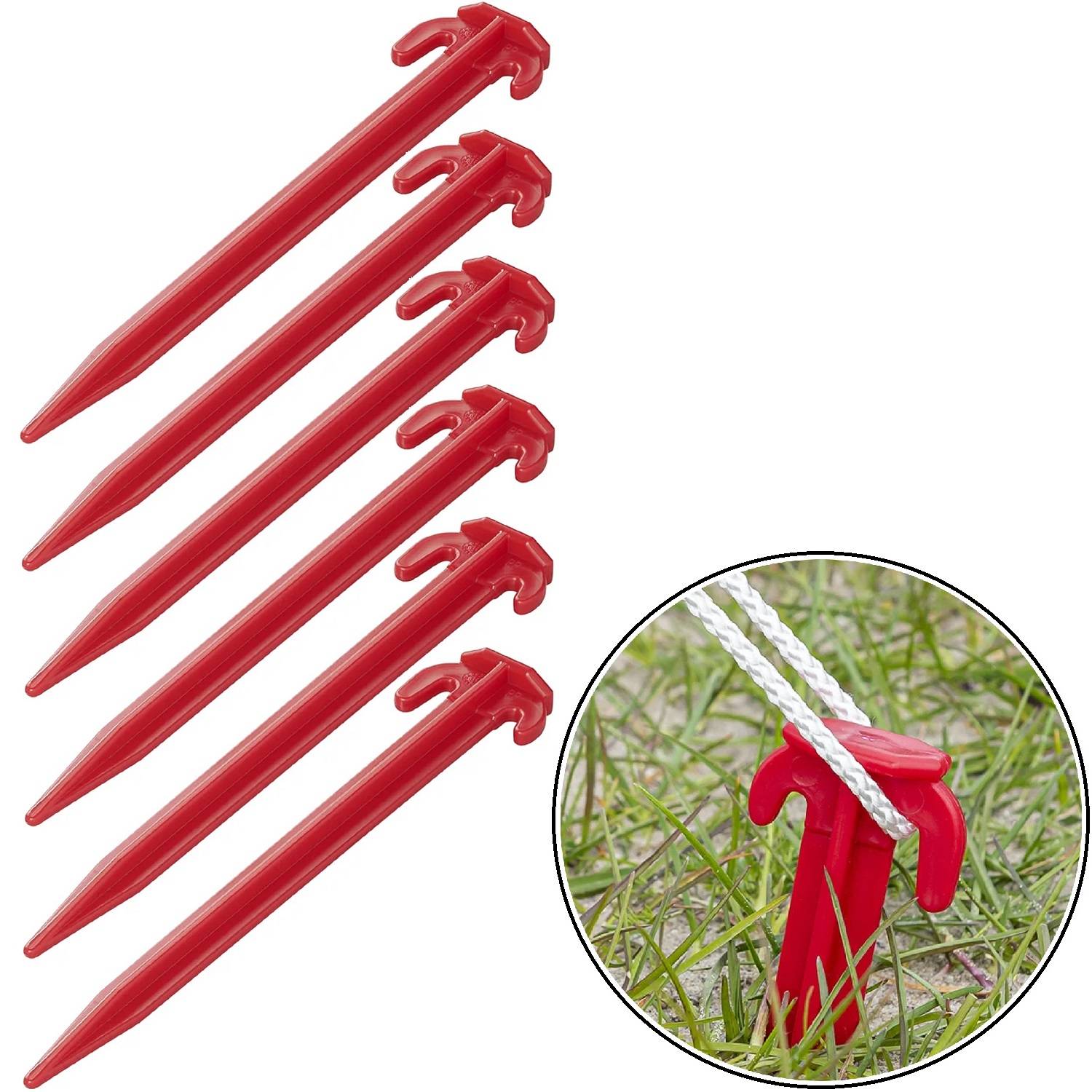Fünf rote Plastikheringe gezeigt. Eingesetzte Abbildung zeigt einen Hering, der ein Seil im Gras befestigt.