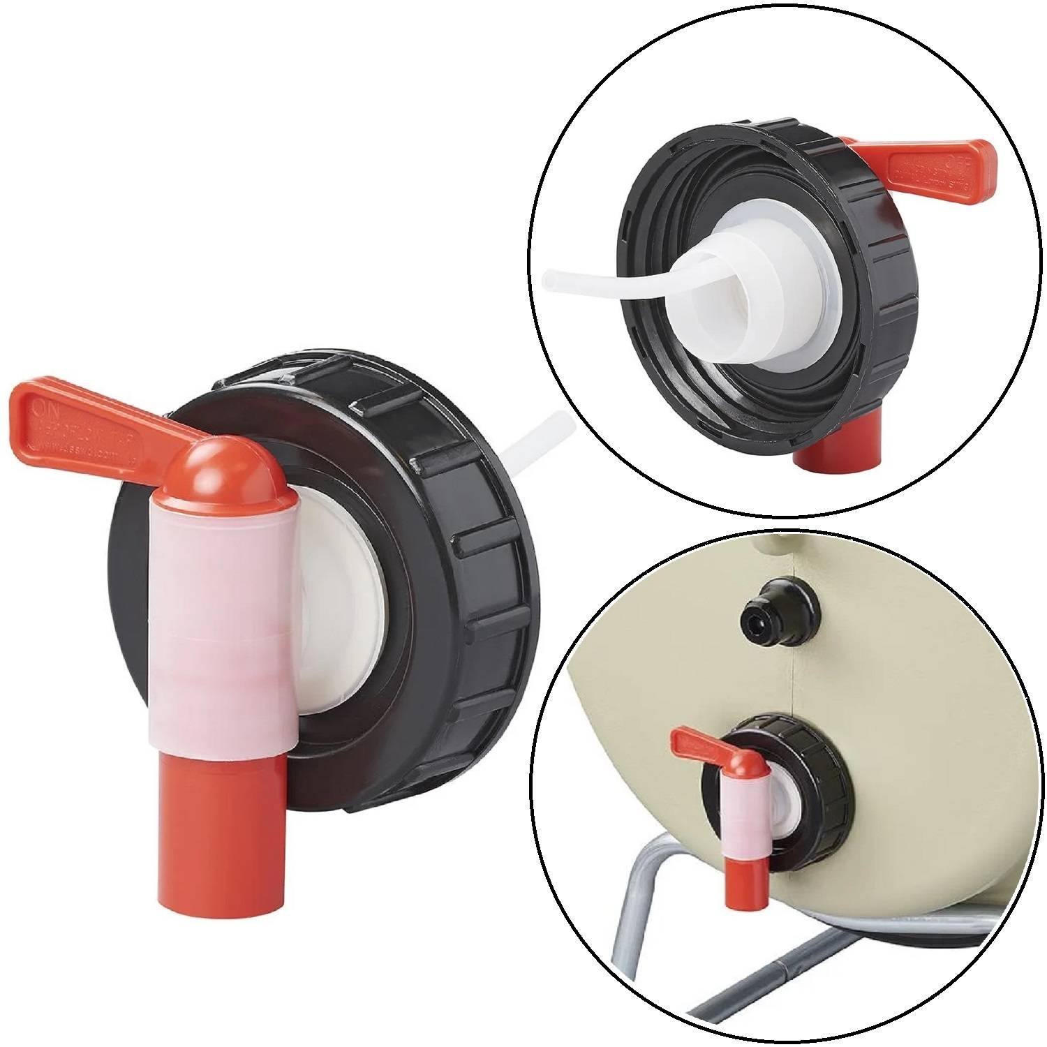 Ein runder schwarzer und roter Fassanschluss mit Darstellungen seiner Seitenansicht und an einem weißen Fass befestigt, der zum Ausgießen von Flüssigkeiten verwendet wird.