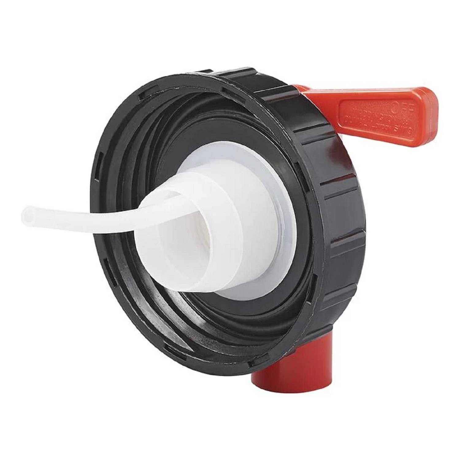 Ein schwarzweißer Kunststoffhahn mit rotem Griff, der zum Ausgießen von Flüssigkeiten konzipiert ist.